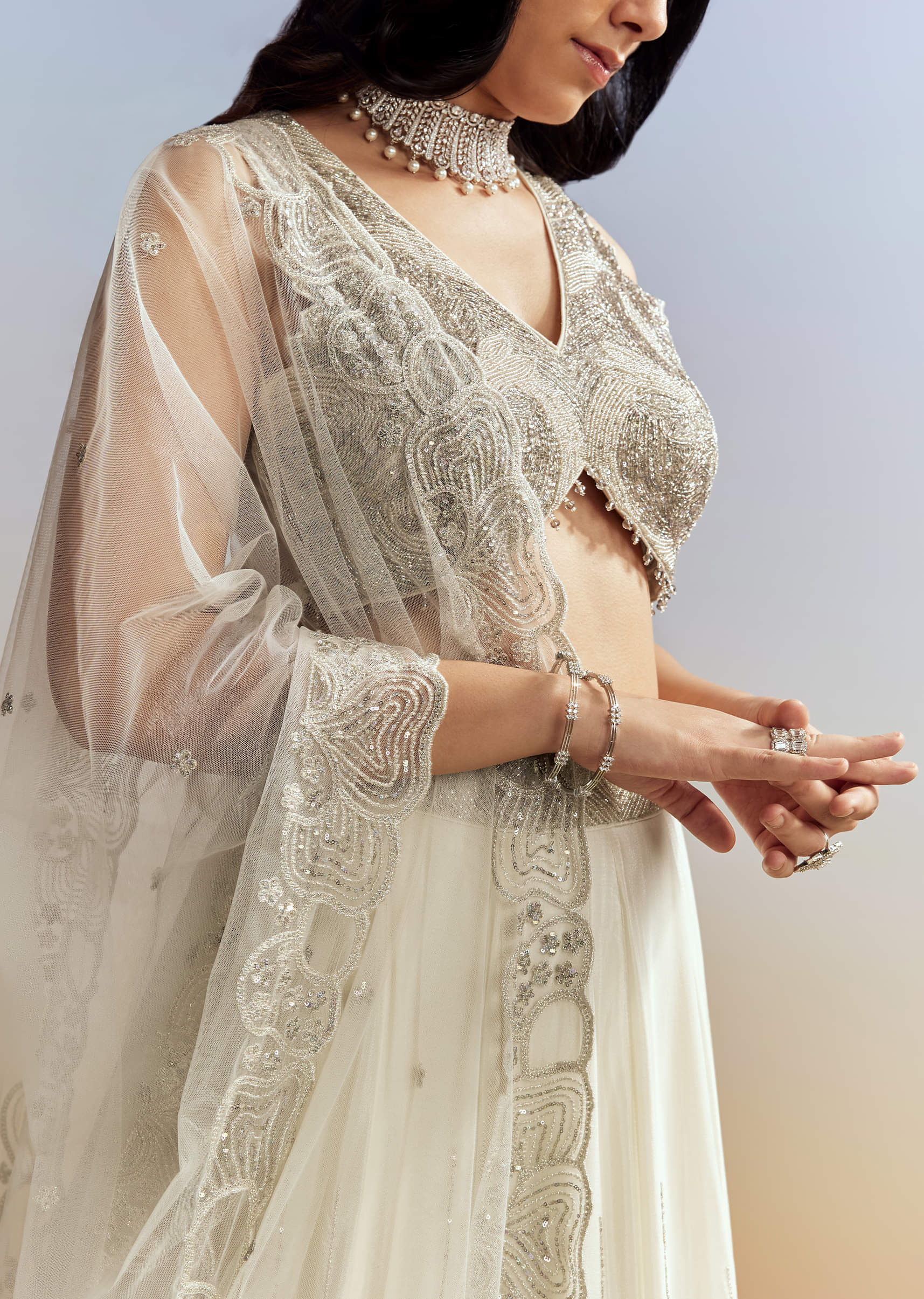 Cream Chinon Lehenga with Net Choli - Image 2