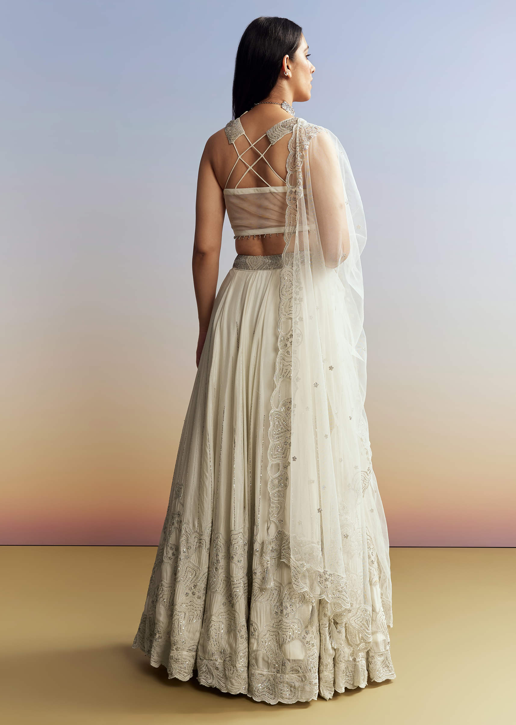 Cream Chinon Lehenga with Net Choli - Image 4