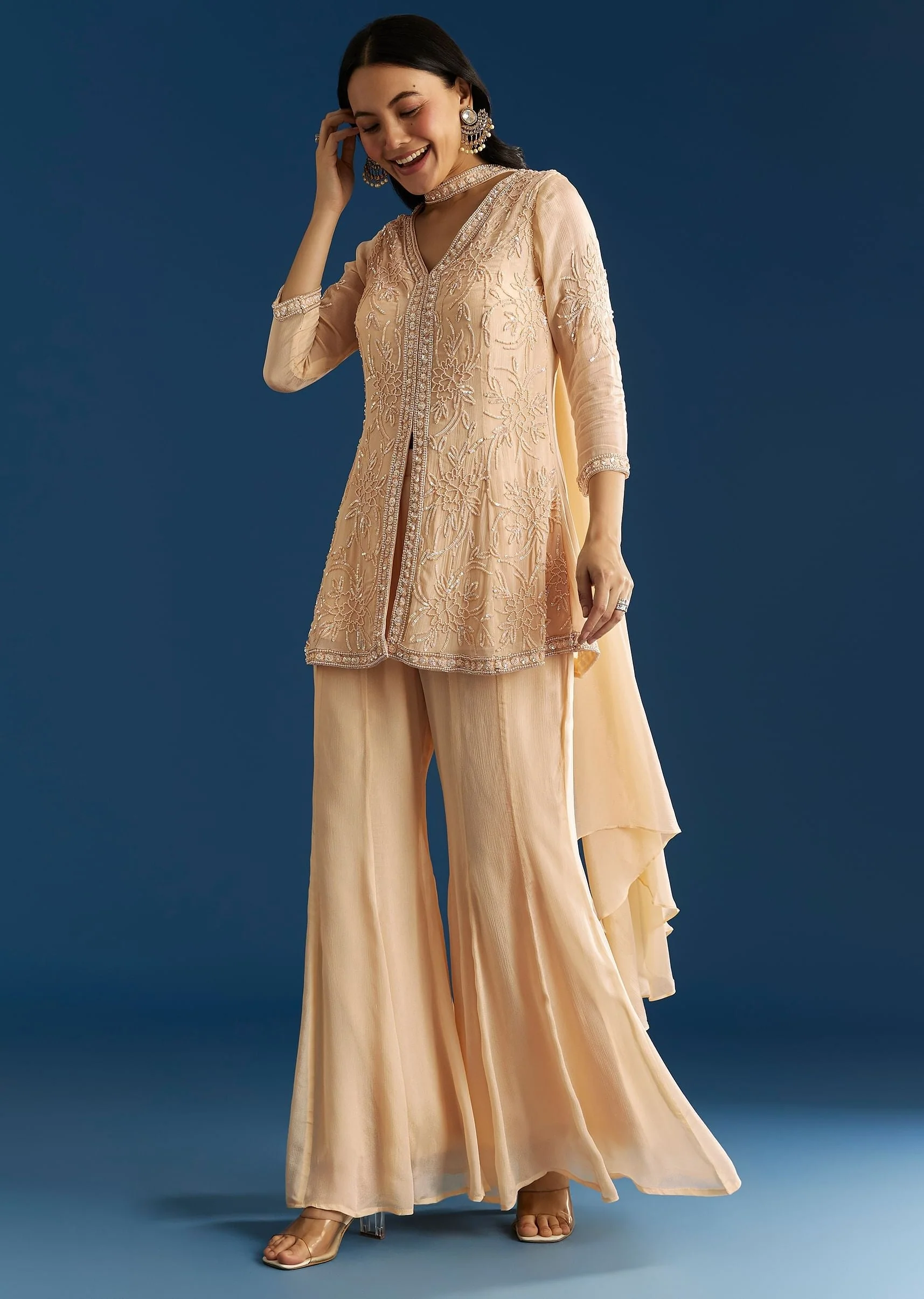 Cream Chinon Moti Embroidered Kurta Palazzo Set With Choker Style Dupatta - Image 3