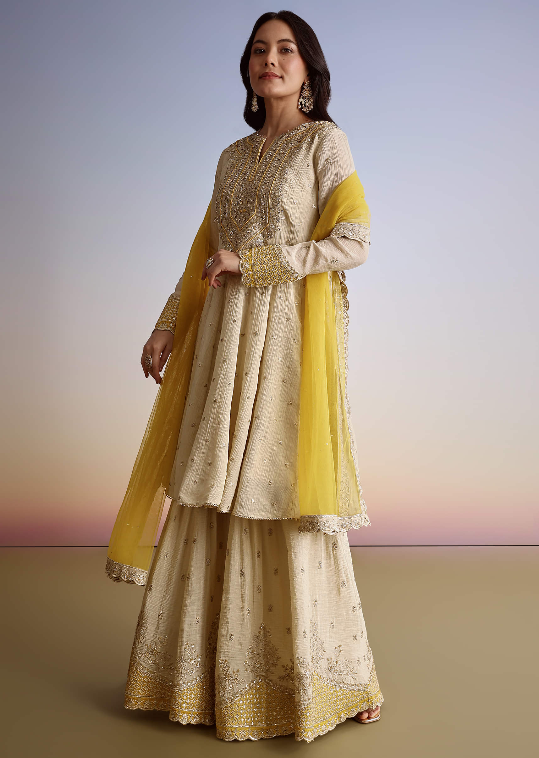 Cream Crush Tissue Sharara Suit With Zari Sequins Work - Image 3
