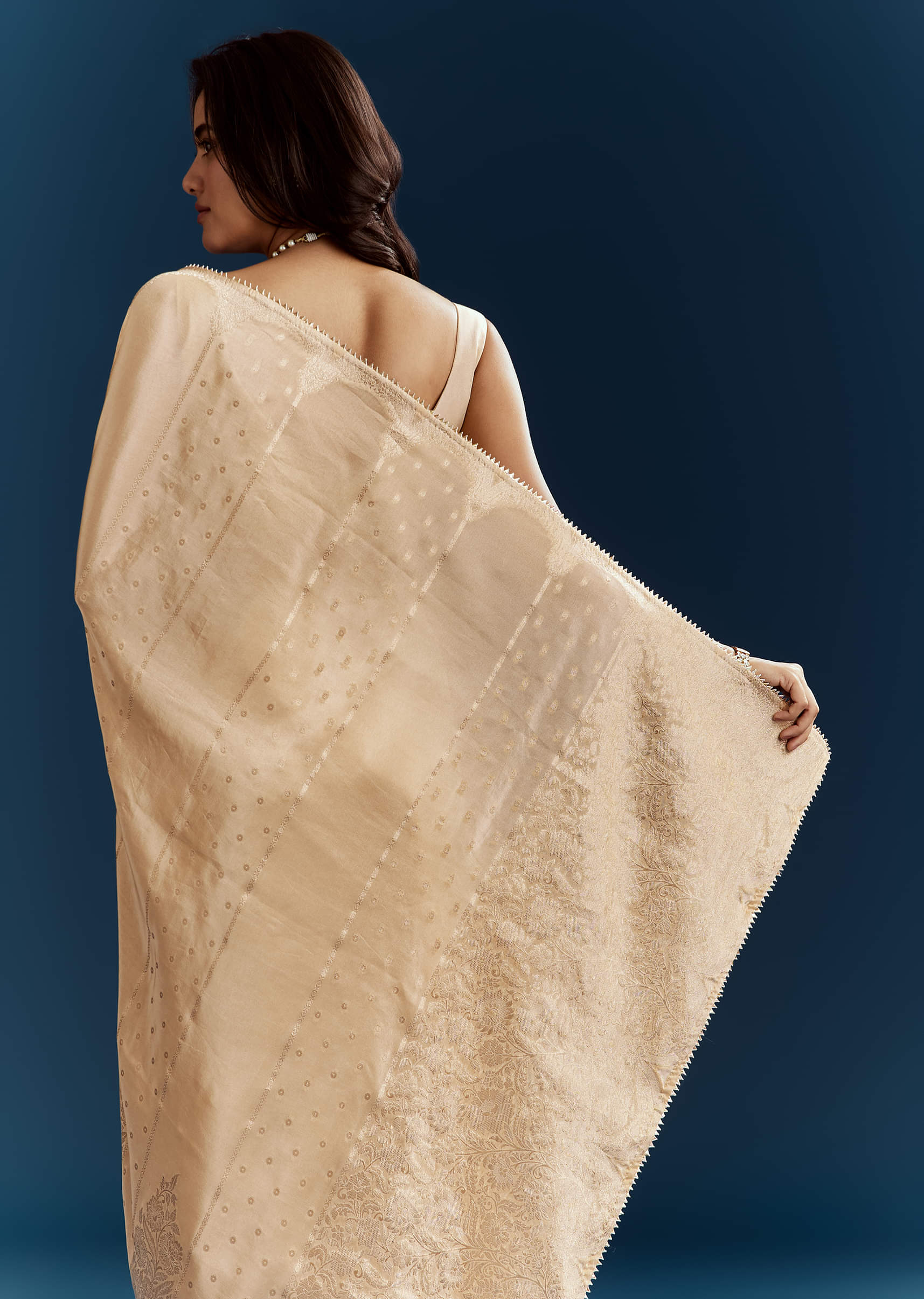 Cream Dola Silk Brocade Saree With Gota Patti Work - Image 5