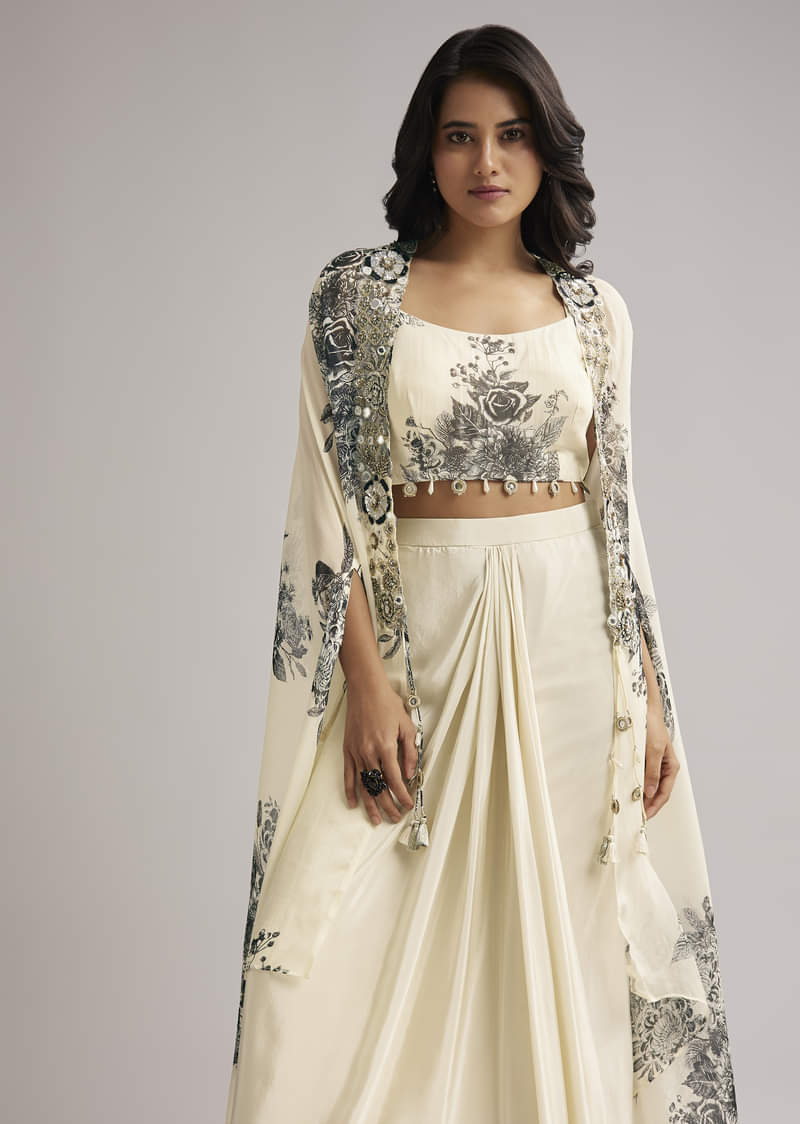 Cream Floral Cape Set With Crop Top And Skirt - Image 4