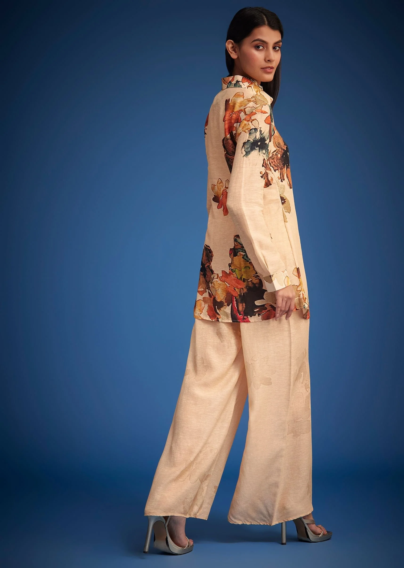Cream Linen Floral Printed Embroidered Co Ord Set - Image 5
