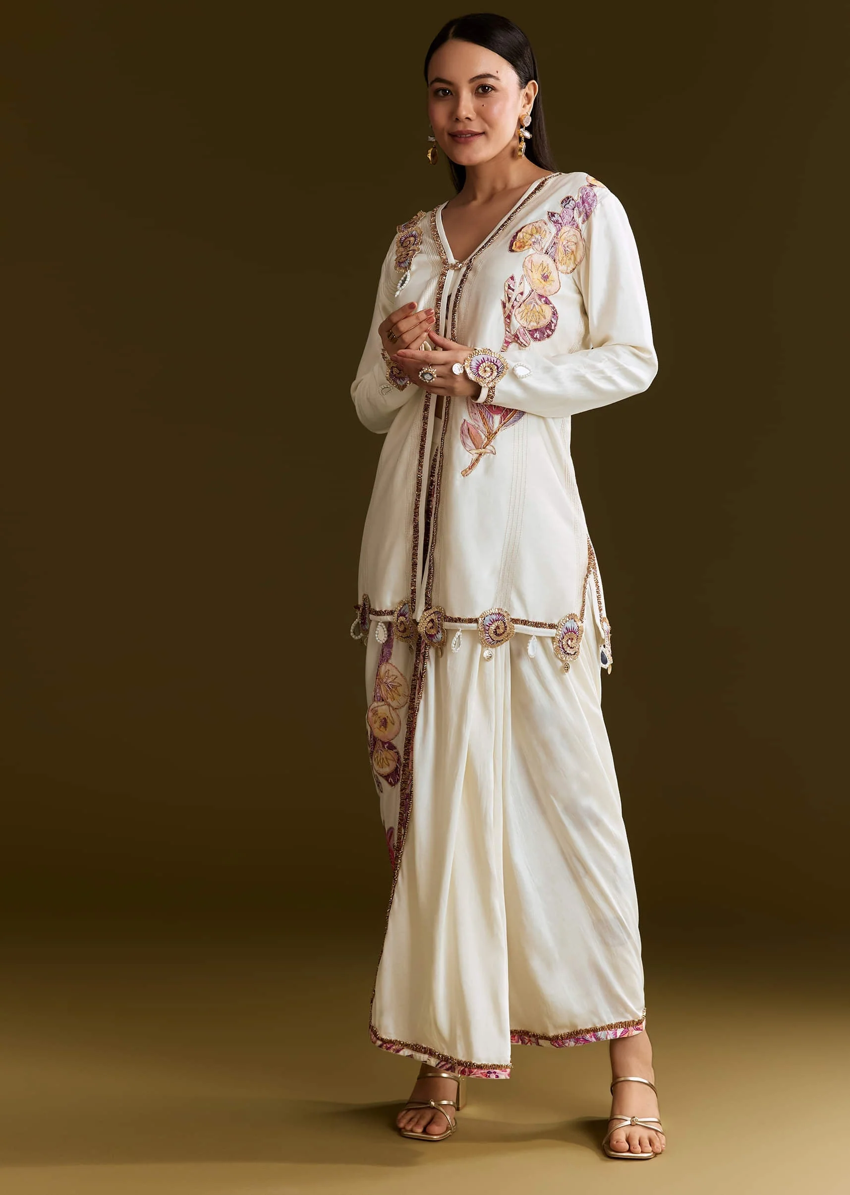 Cream Printed Croptop Set With Gotta Work Jacket And Dhoti Skirt - Image 3