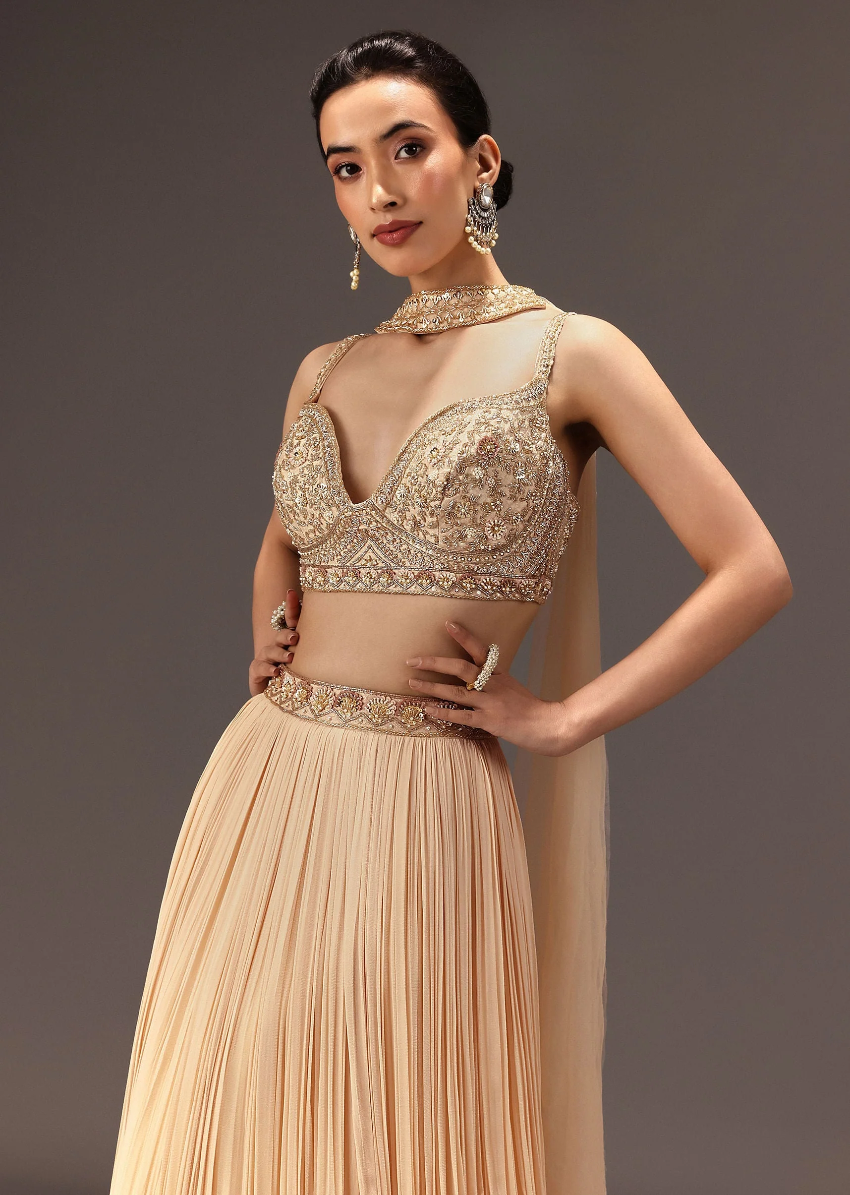 Cream Ruched Lehenga Set With Hand Embroidery - Image 2