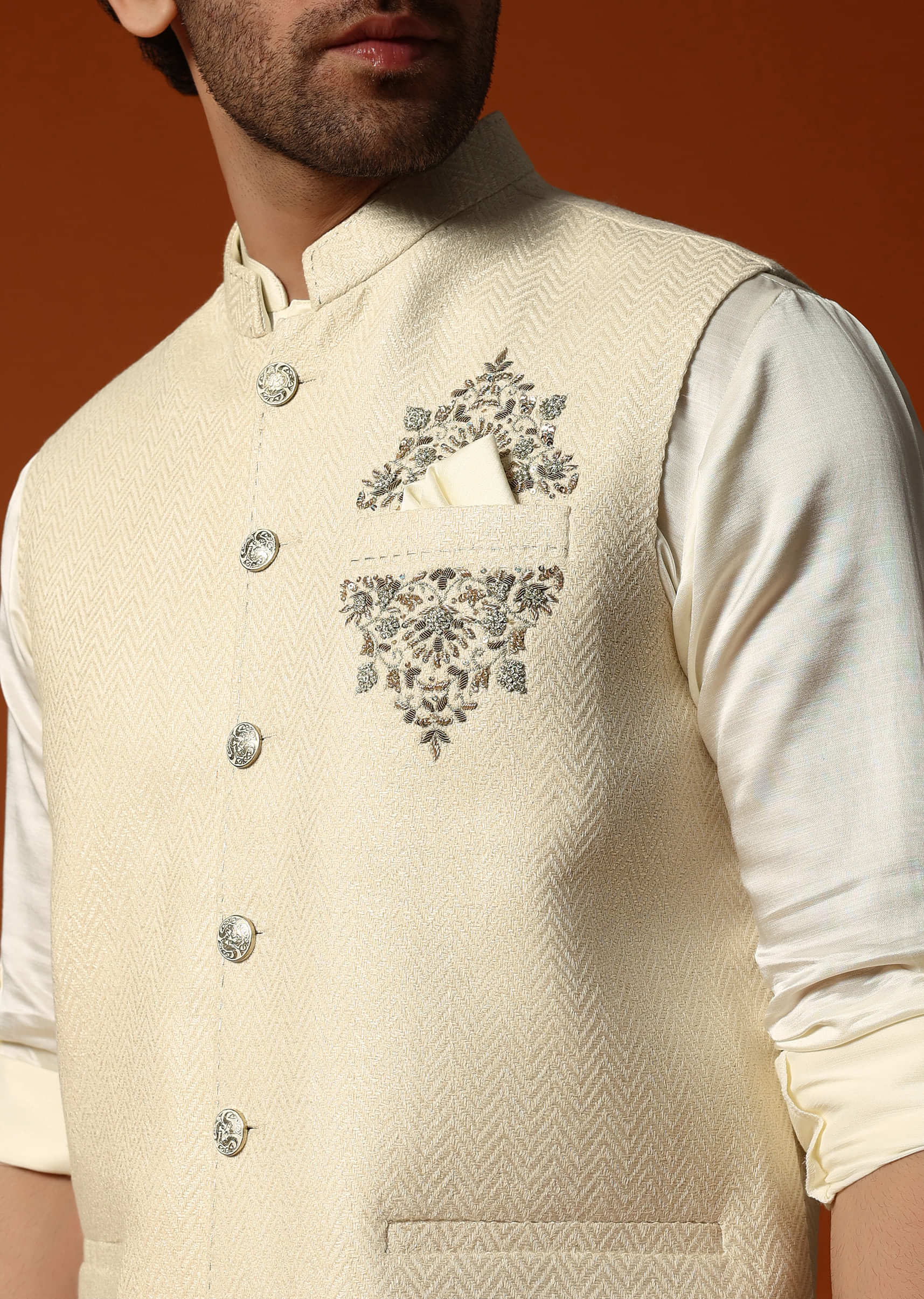 Cream Silk Kurta Jacket Set For men - Image 3