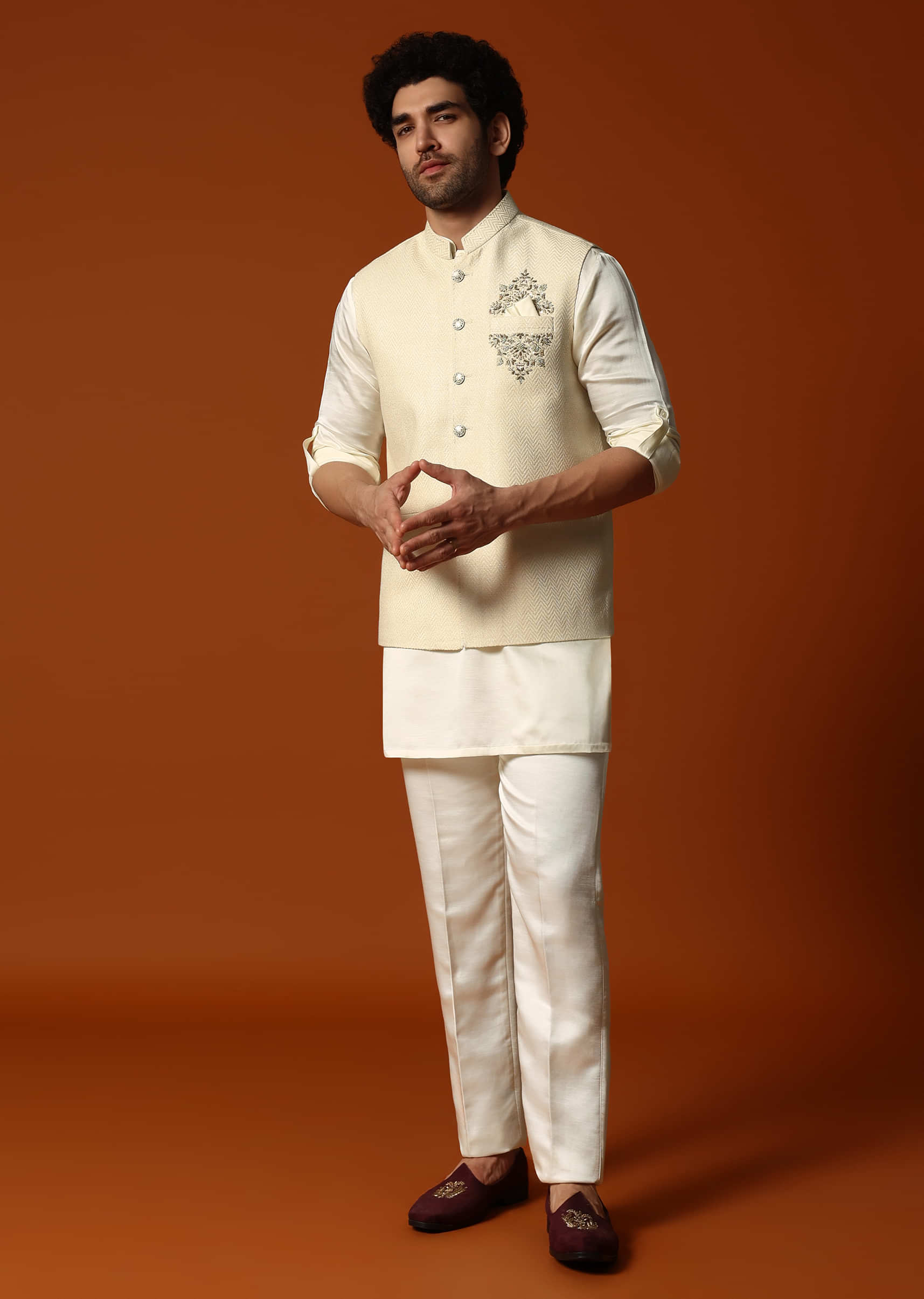 Cream Silk Kurta Jacket Set For men - Image 4