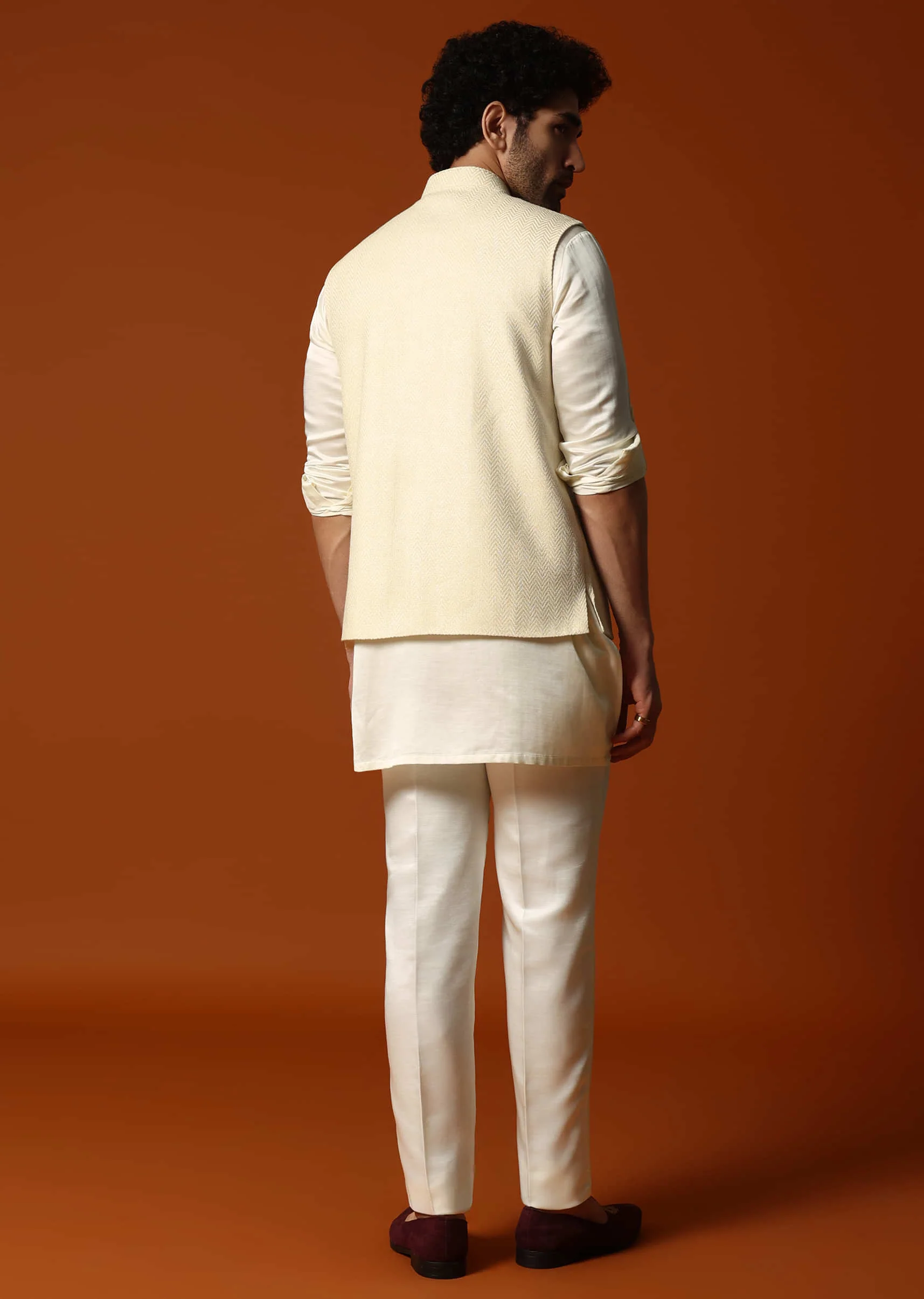 Cream Silk Kurta Jacket Set For men - Image 5