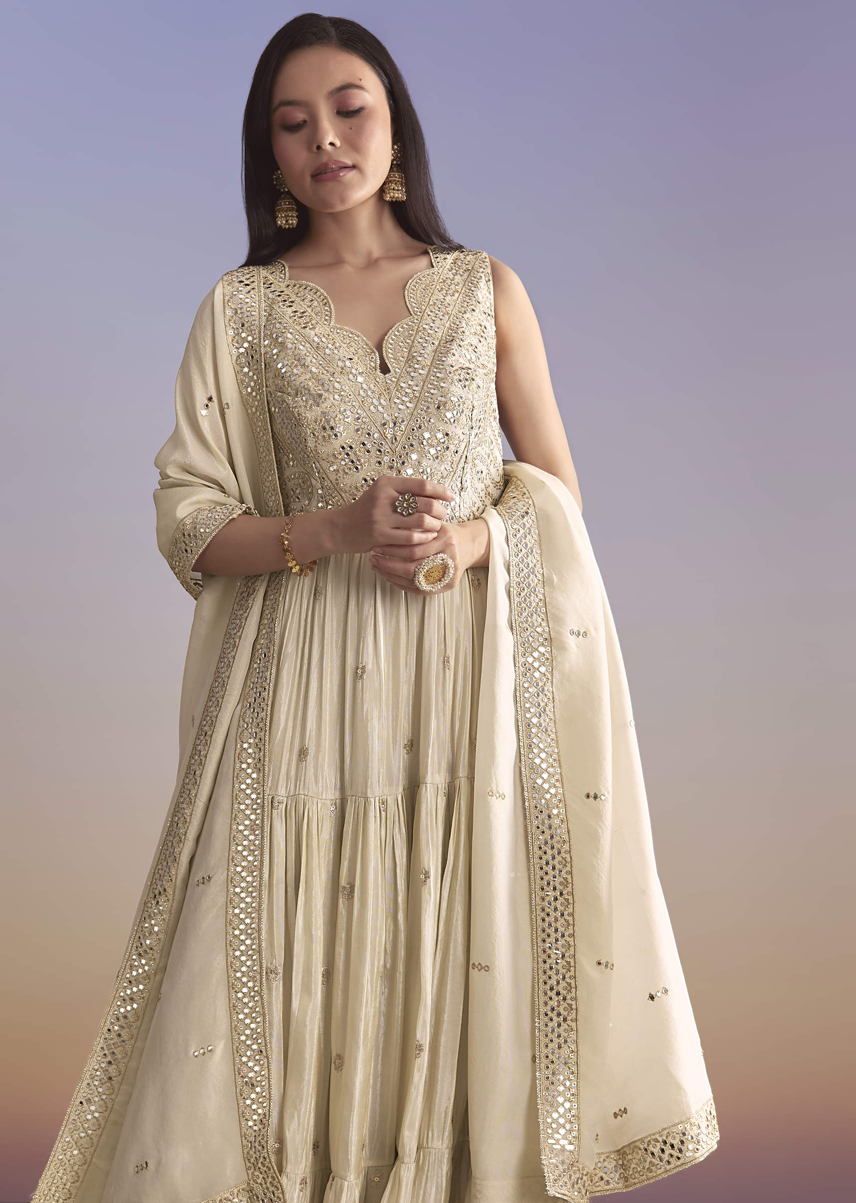 Cream Tissue Anarkali Suit With Zari Work - Image 5