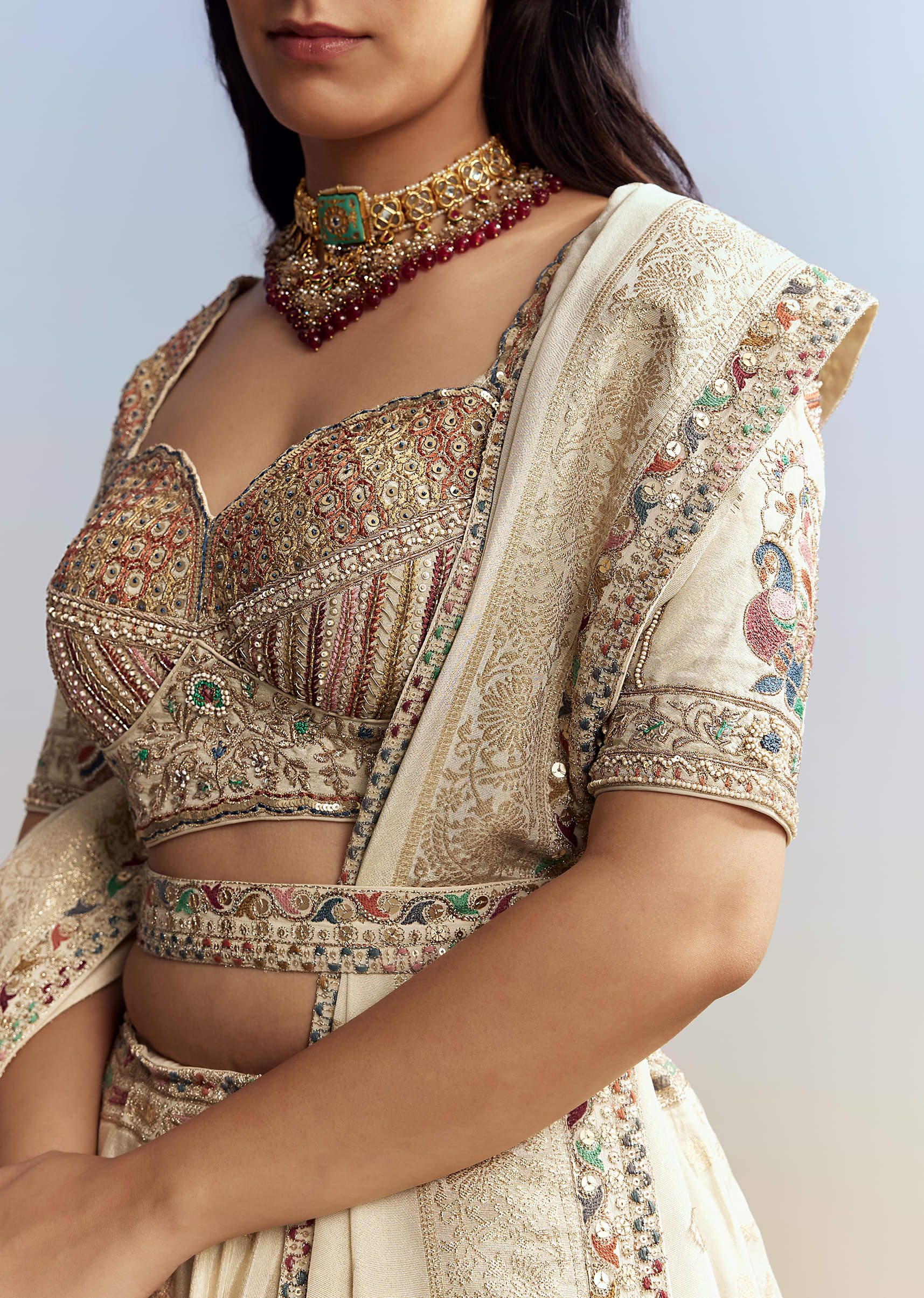 Cream Tissue Embroidered Bridesmaid Lehenga - Image 2