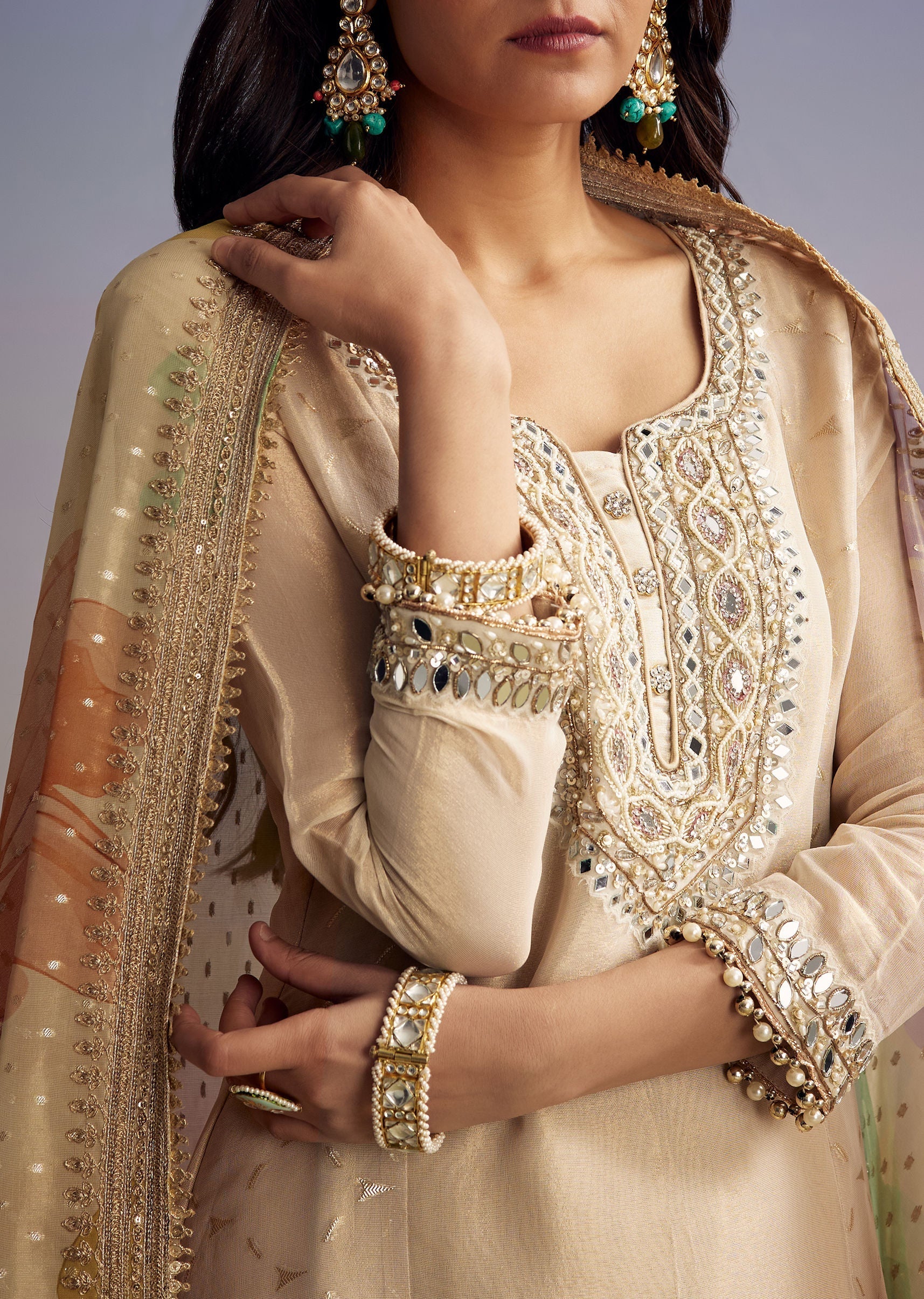 Cream Tissue Palazzo Suit With Mirror And Moti Embroidery And Dupatta - Image 2