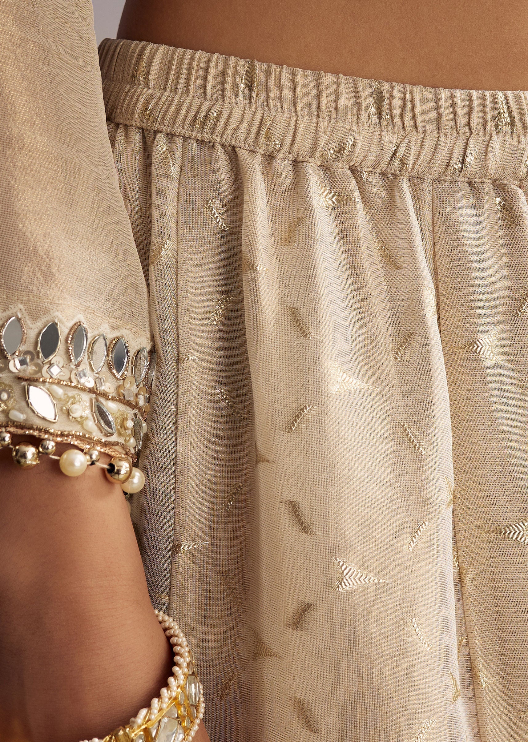 Cream Tissue Palazzo Suit With Mirror And Moti Embroidery And Dupatta - Image 6