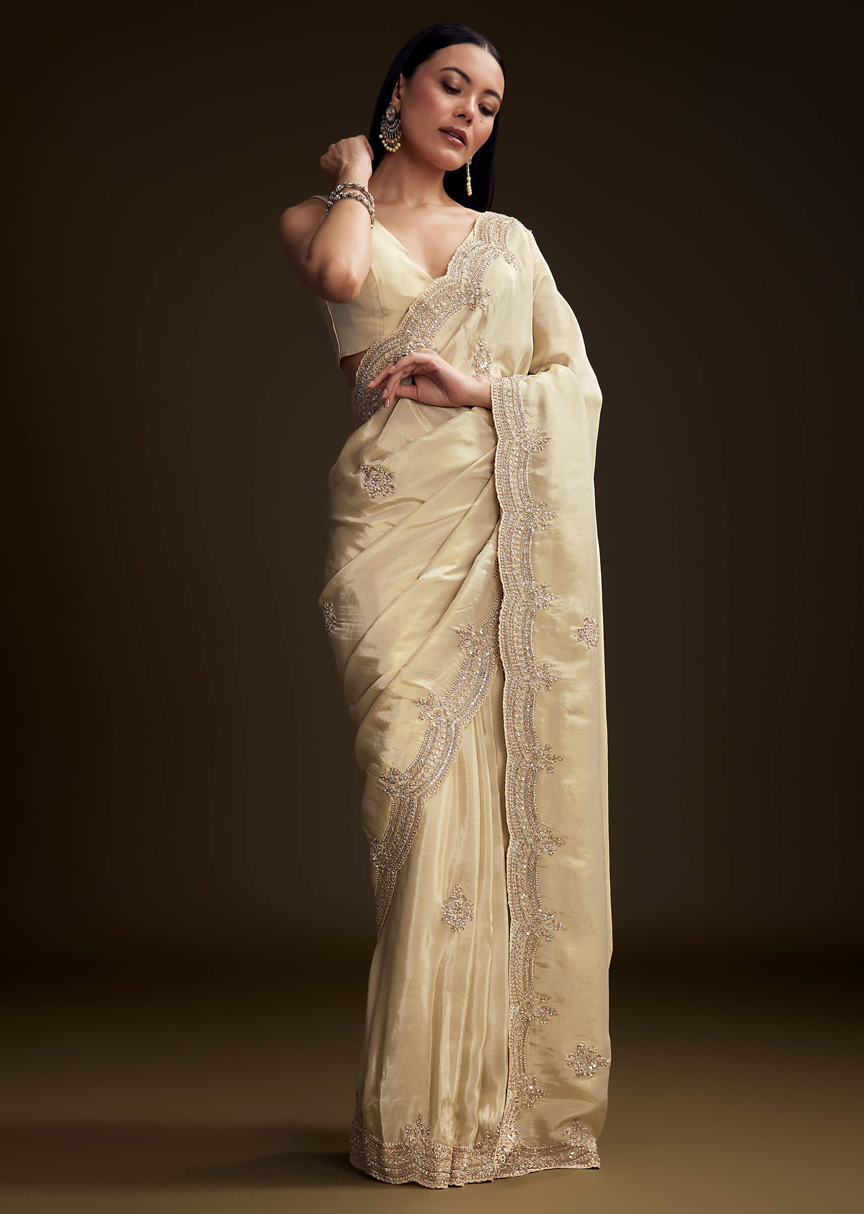 Cream Tissue Saree With Zardosi And Bead Embroidery - Image 11