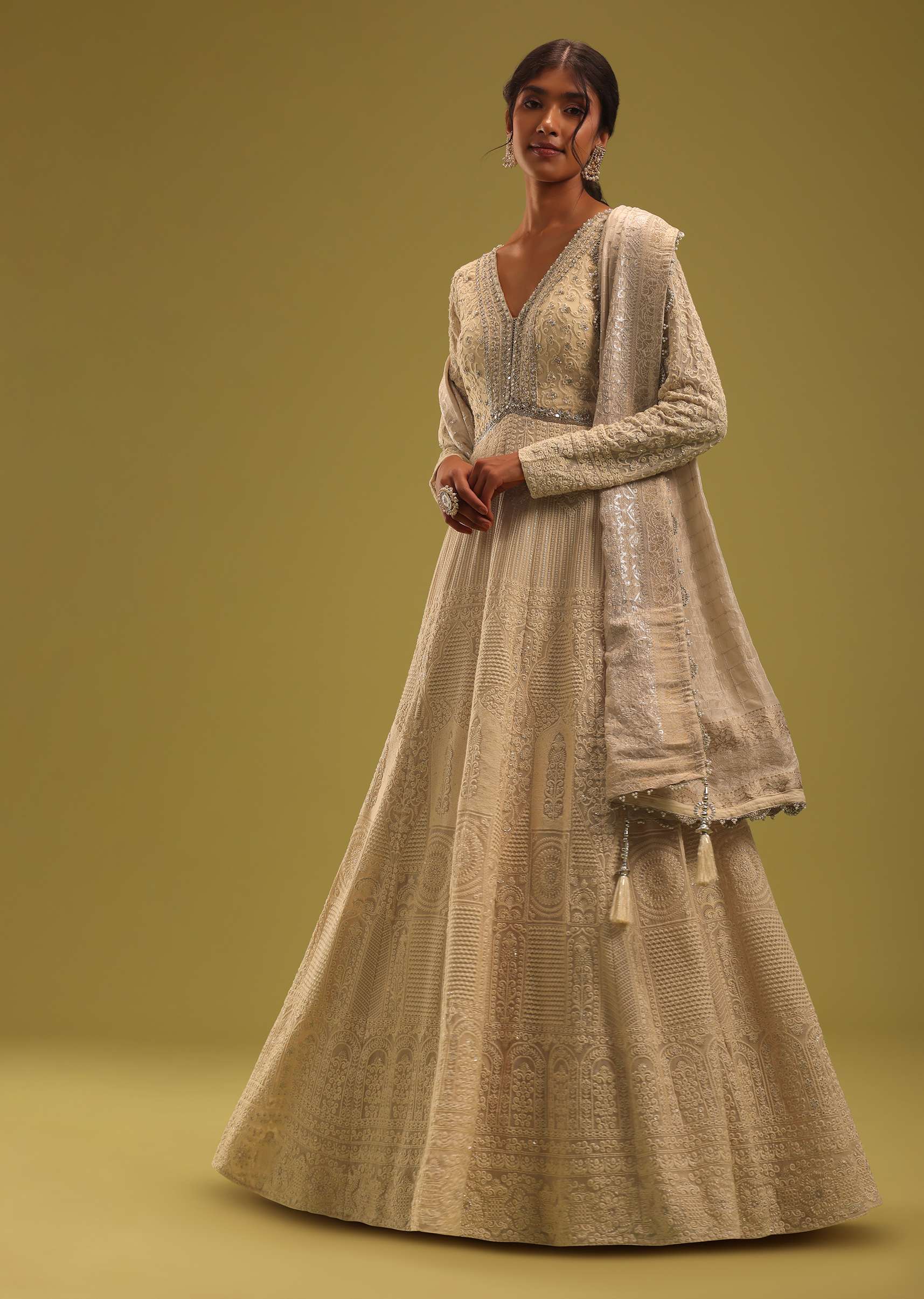 Cream White Anarkali Set In Georgette With Lucknowi Work - Image 6