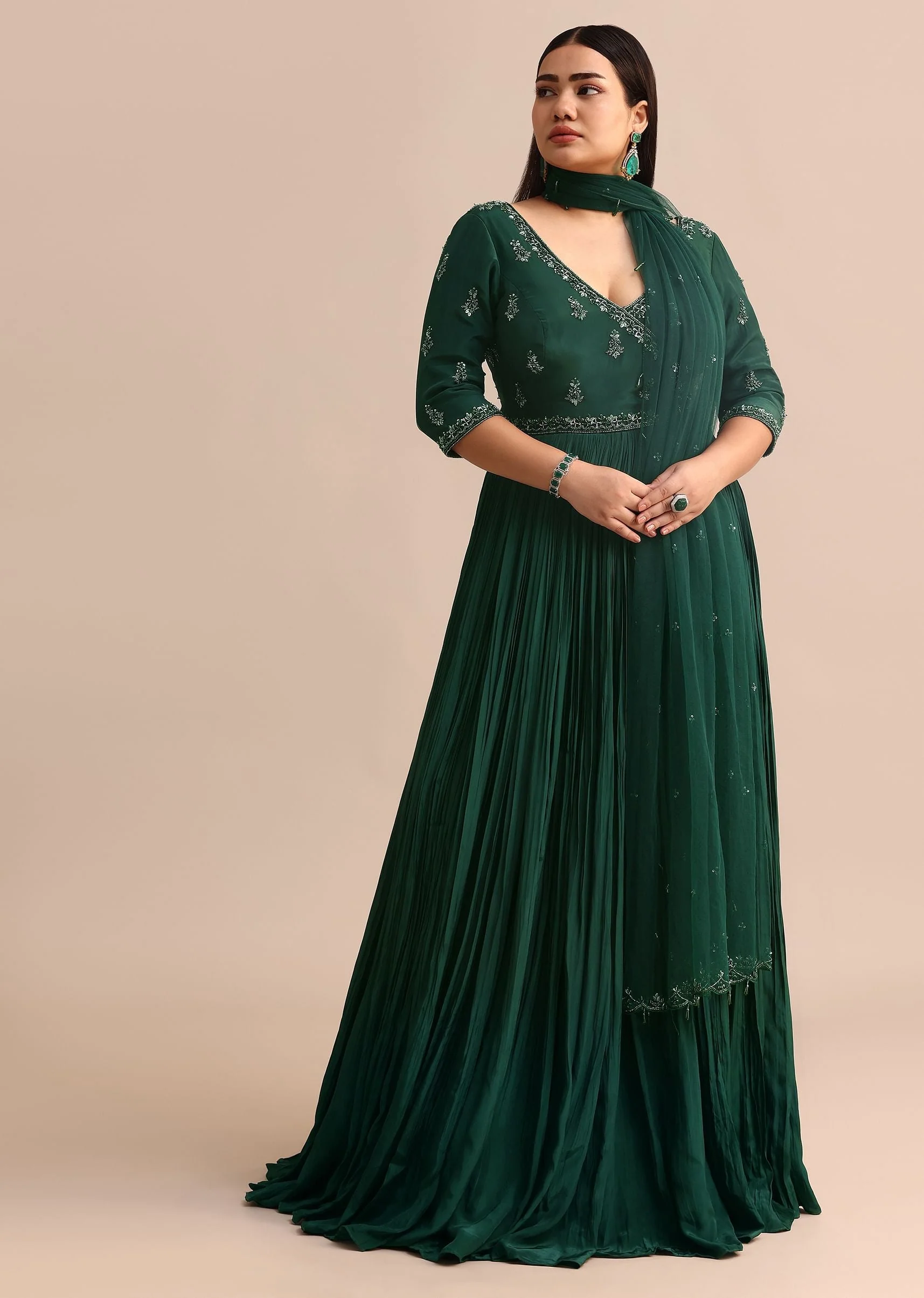 Dark Green Embroidered Anarkali Suit With Net Dupatta - Image 3