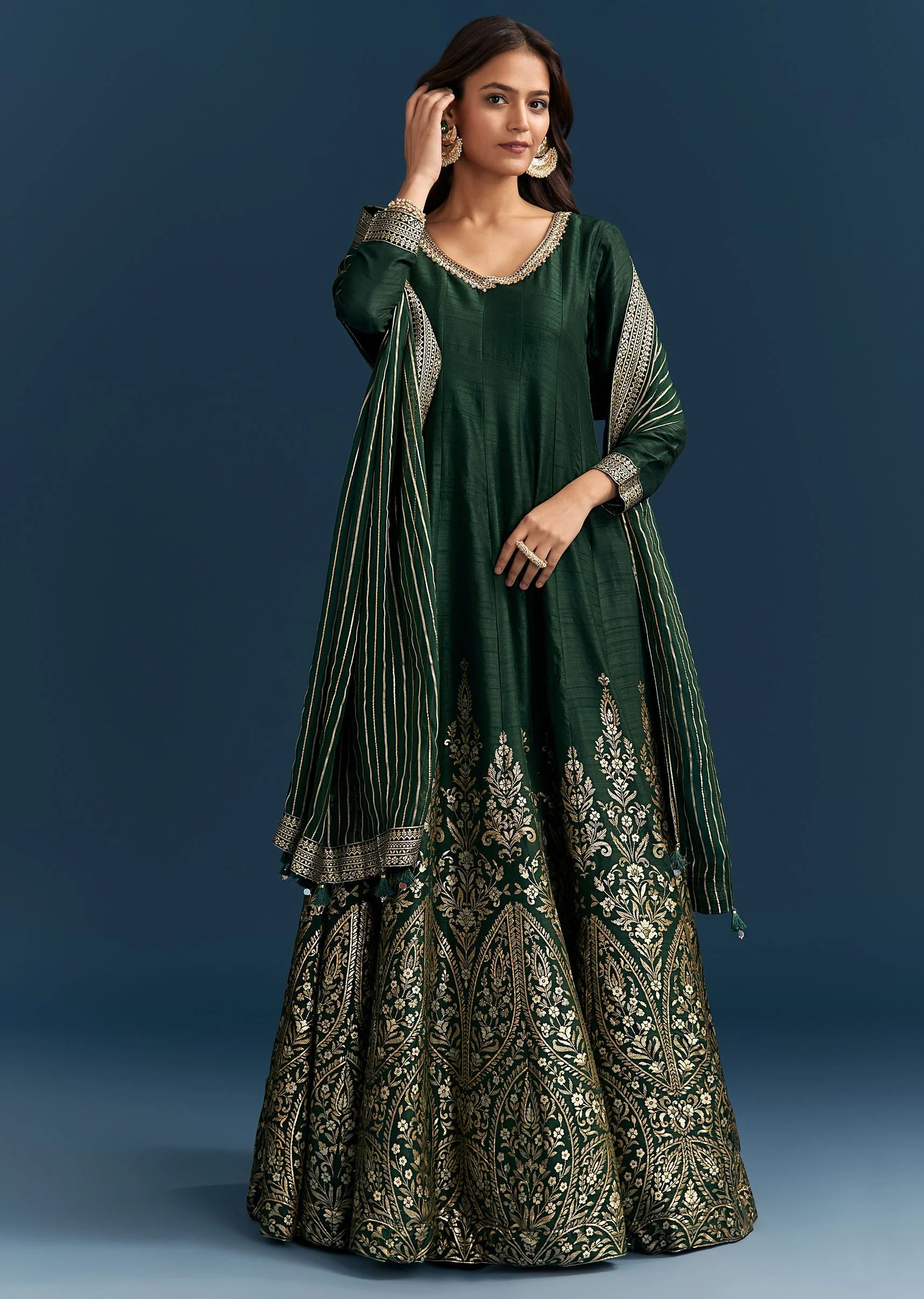 Dark Green Jacquard Silk Anarkali Suit With Festive Jacket Overlay - Image 5
