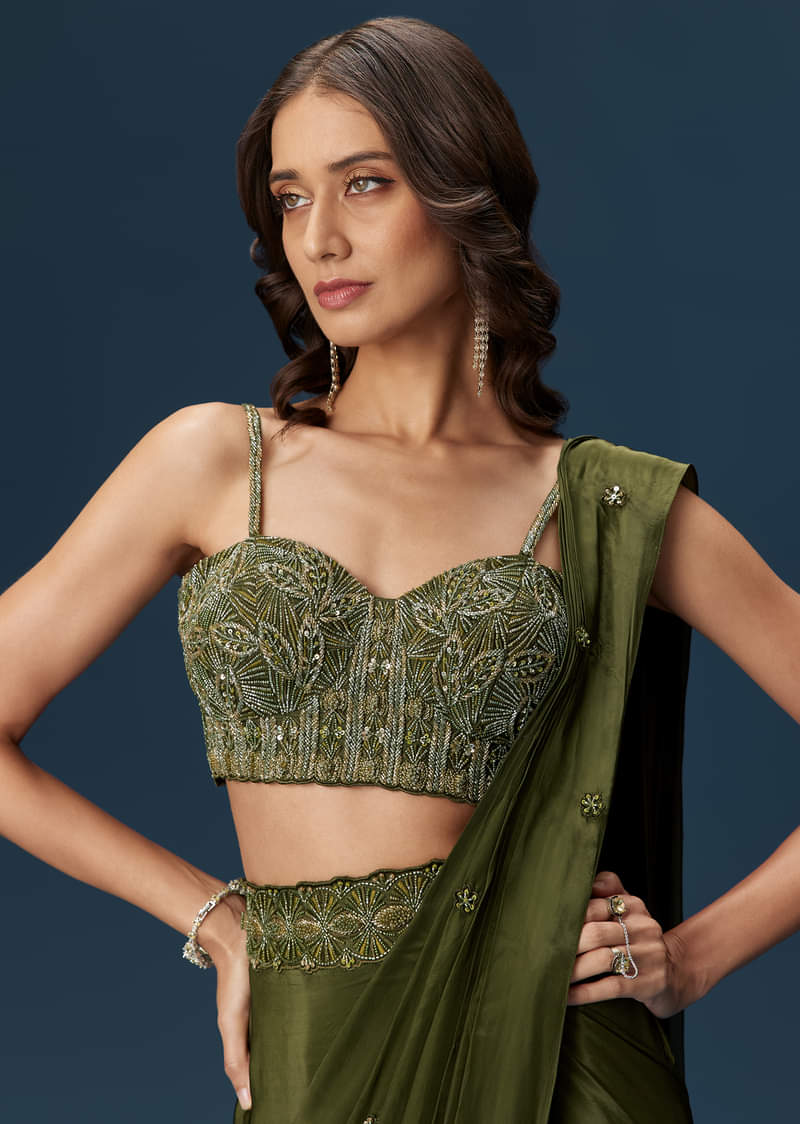 Dark Green Ready Pleated Saree With Corset Blouse - Image 3