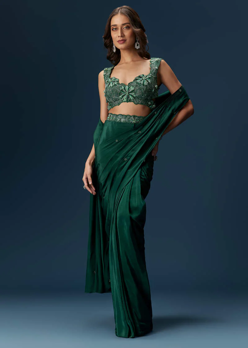 Dark Green Ready Pleated Saree With Embellished Blouse - Image 4