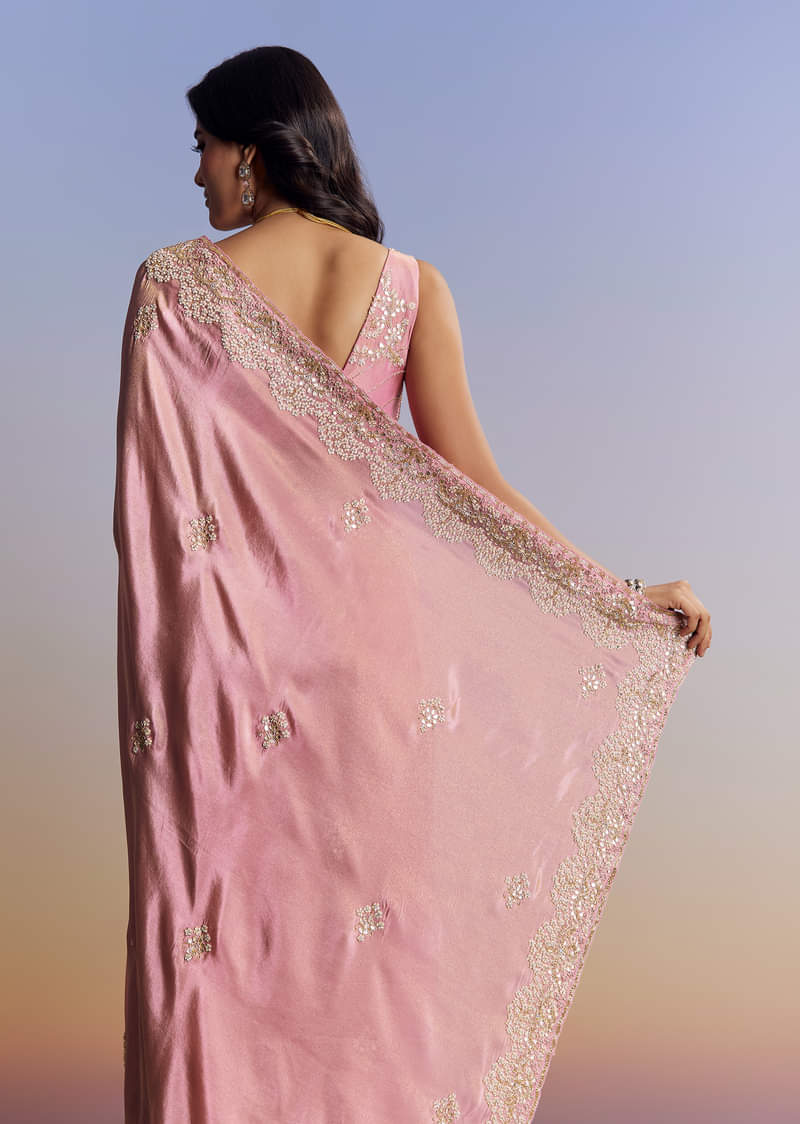 Dark Peach Tissue Saree With Gota Patti Embroidery - Image 4