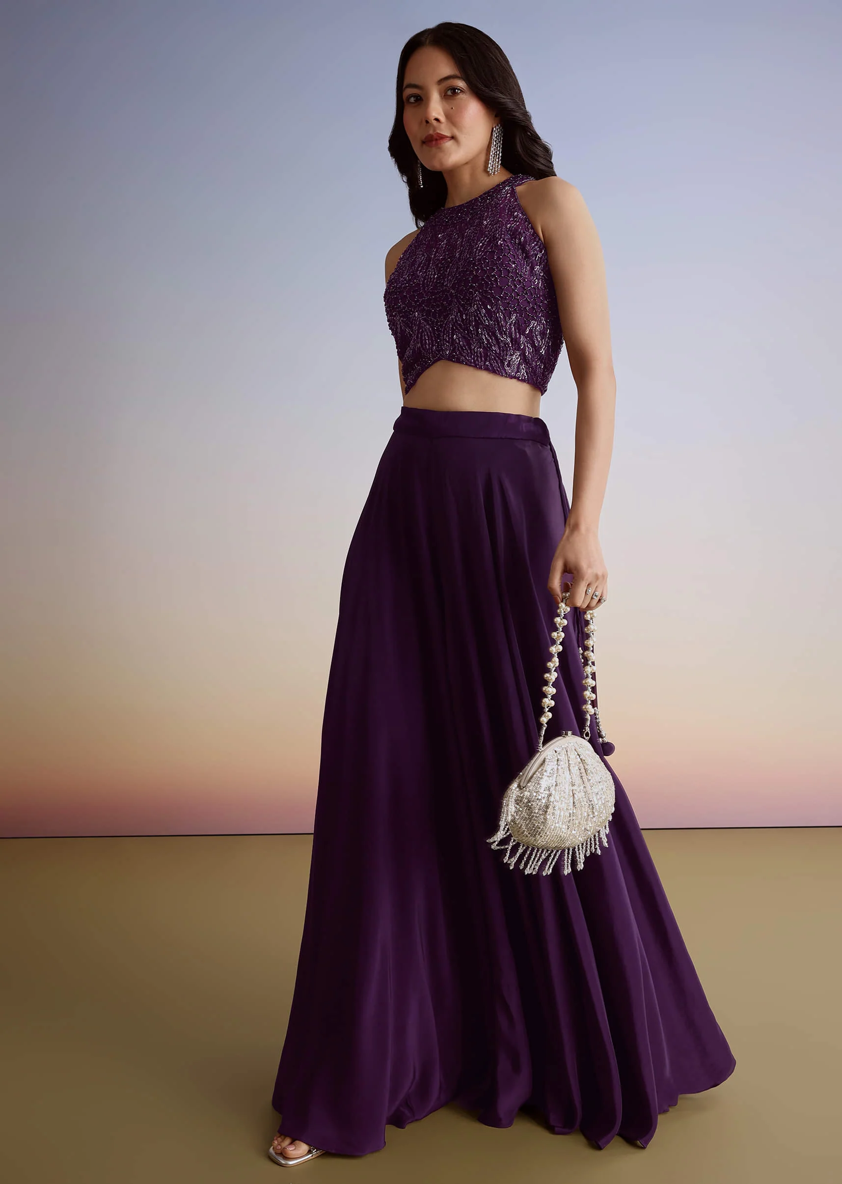 Dark Plum Purple Crepe Croptop Palazzo Suit With Cutdana Sequin Embroidery - Image 7