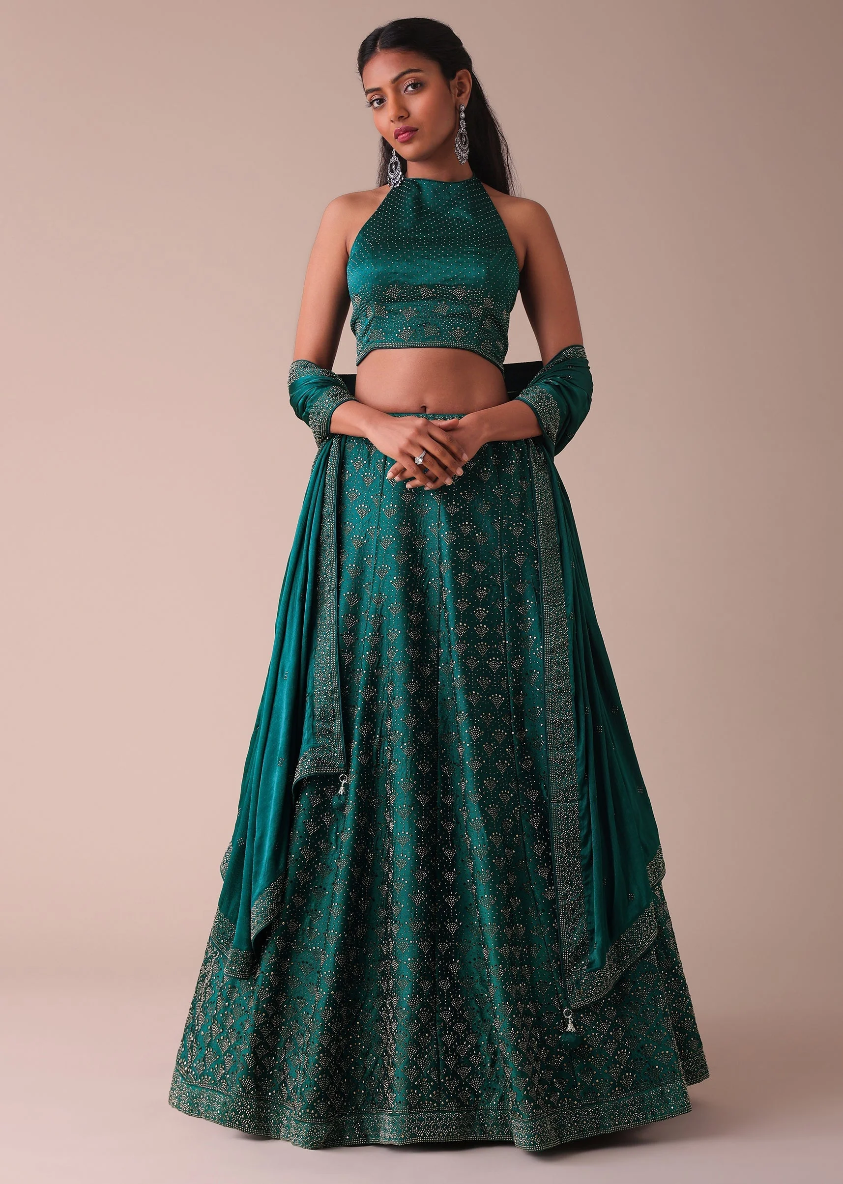 Deep Green Swarovski Embellished Lehenga In Wrinkle Satin - Image 3