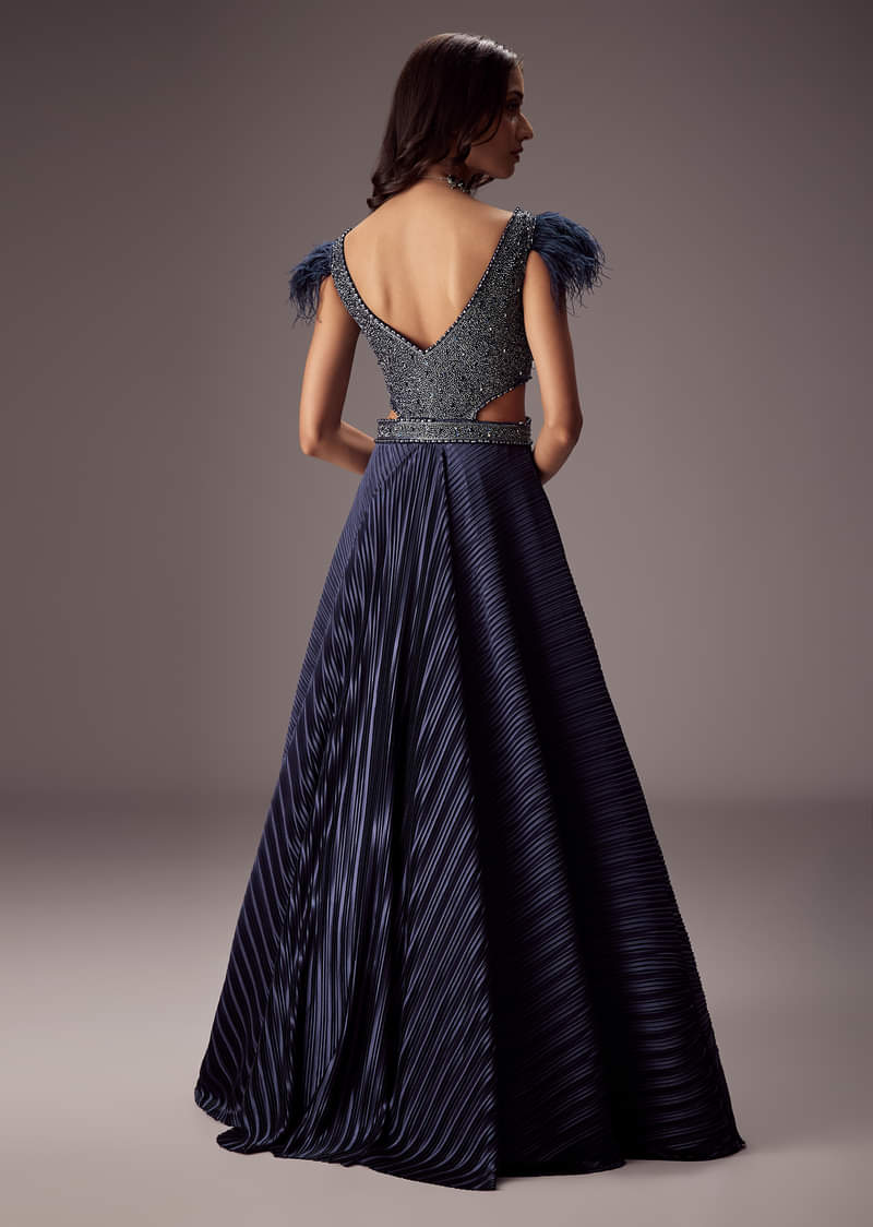 Double Ghera Navy Gown With Feather Accents - Image 2