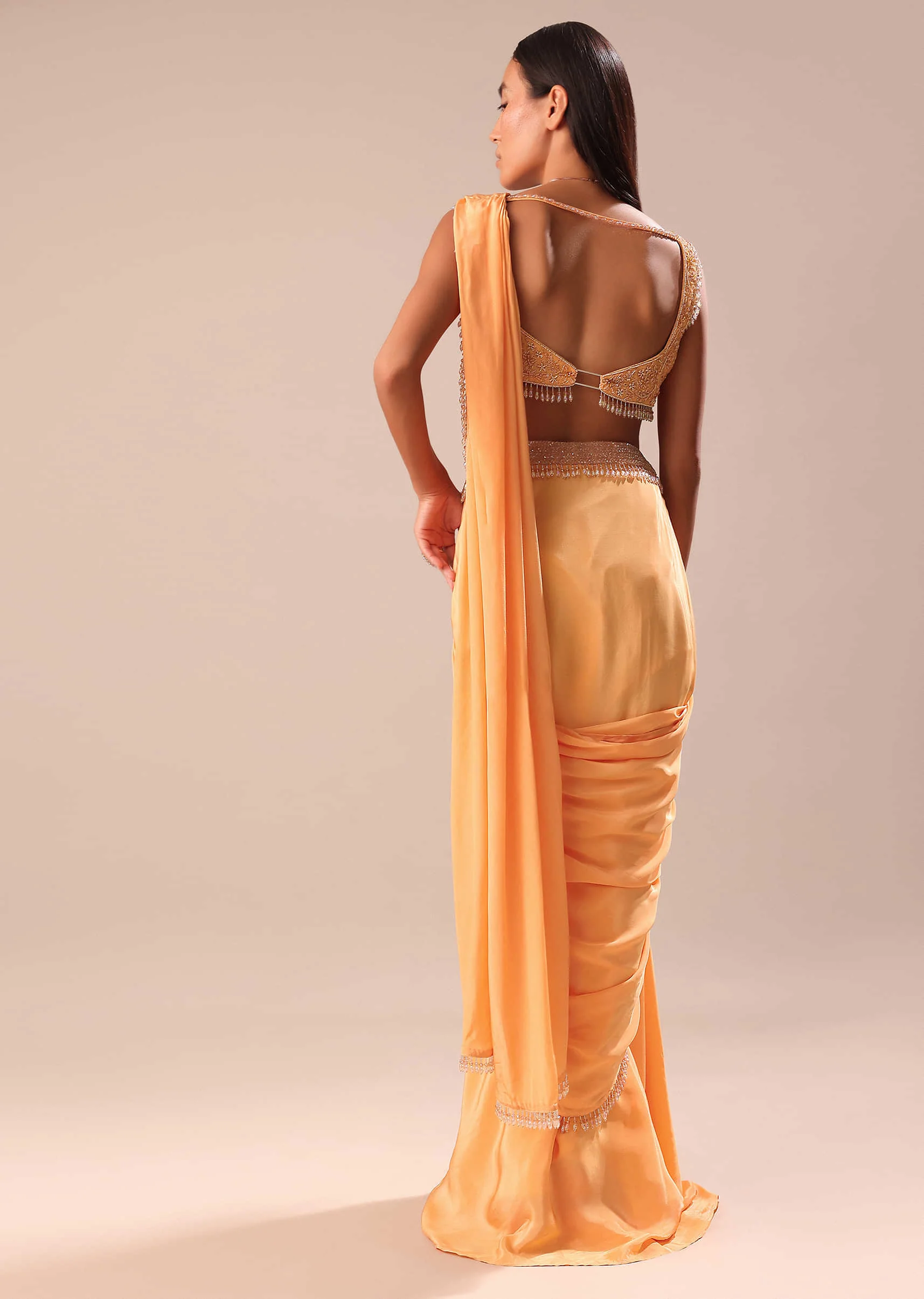 Dusky Peach Pre Stitched Saree With Embroidered Blouse - Image 5