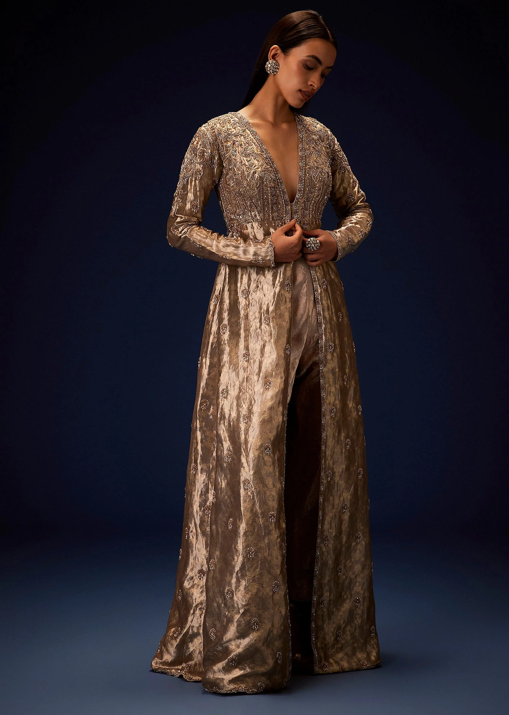 Dusty Brown Brocade Embroidered Long Jacket With Pencil Pant - Image 3