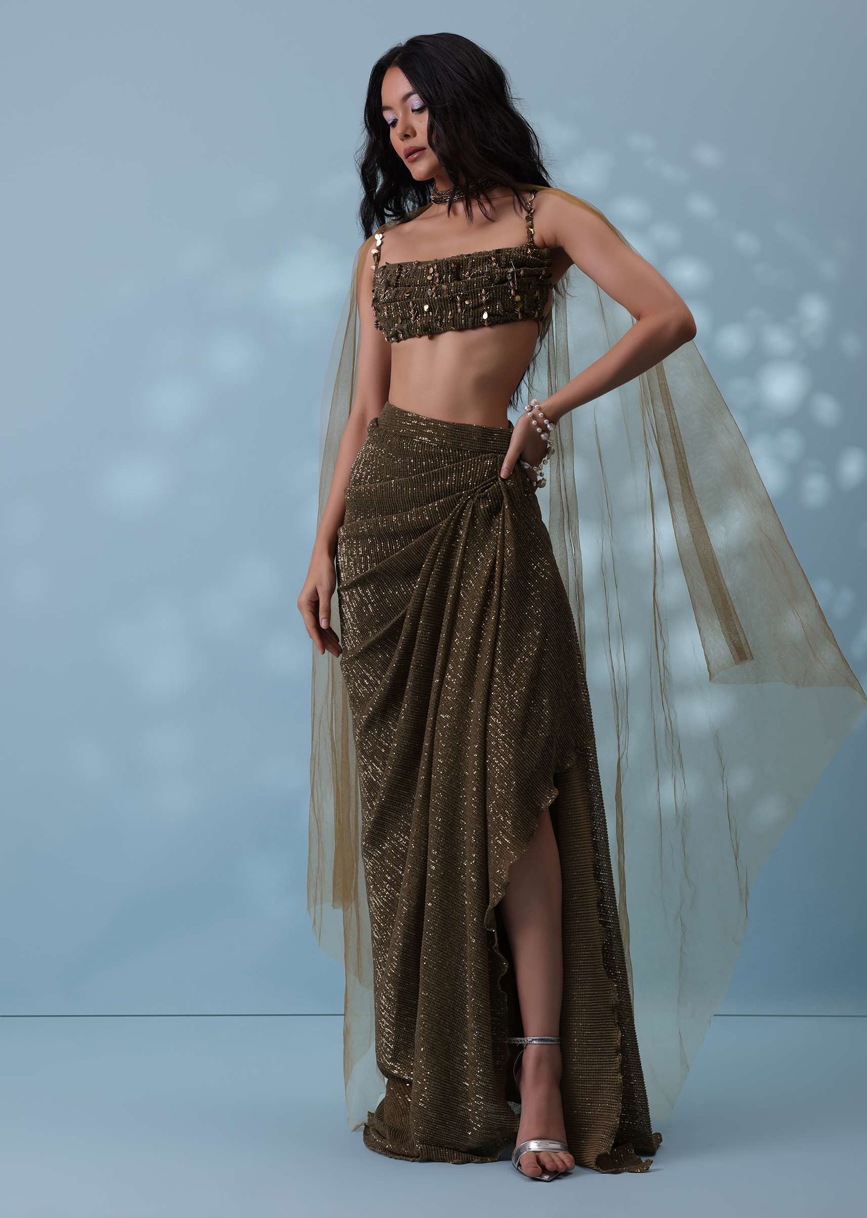 Dusty Brown Embroidered Indowestern Drape Skirt And Blouse In Lycra Sequins With Matching Choker - Image 3