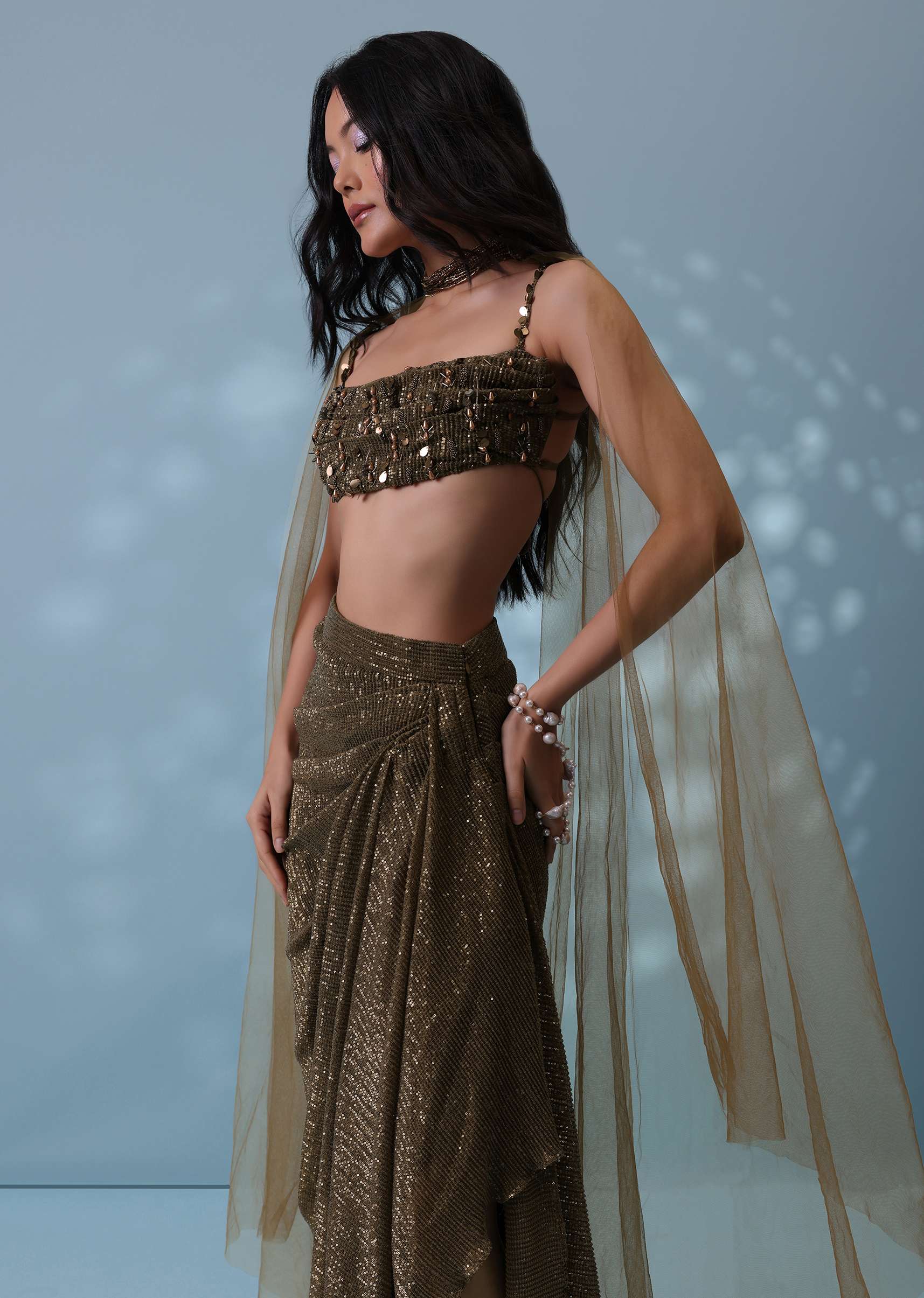 Dusty Brown Embroidered Indowestern Drape Skirt And Blouse In Lycra Sequins With Matching Choker - Image 4