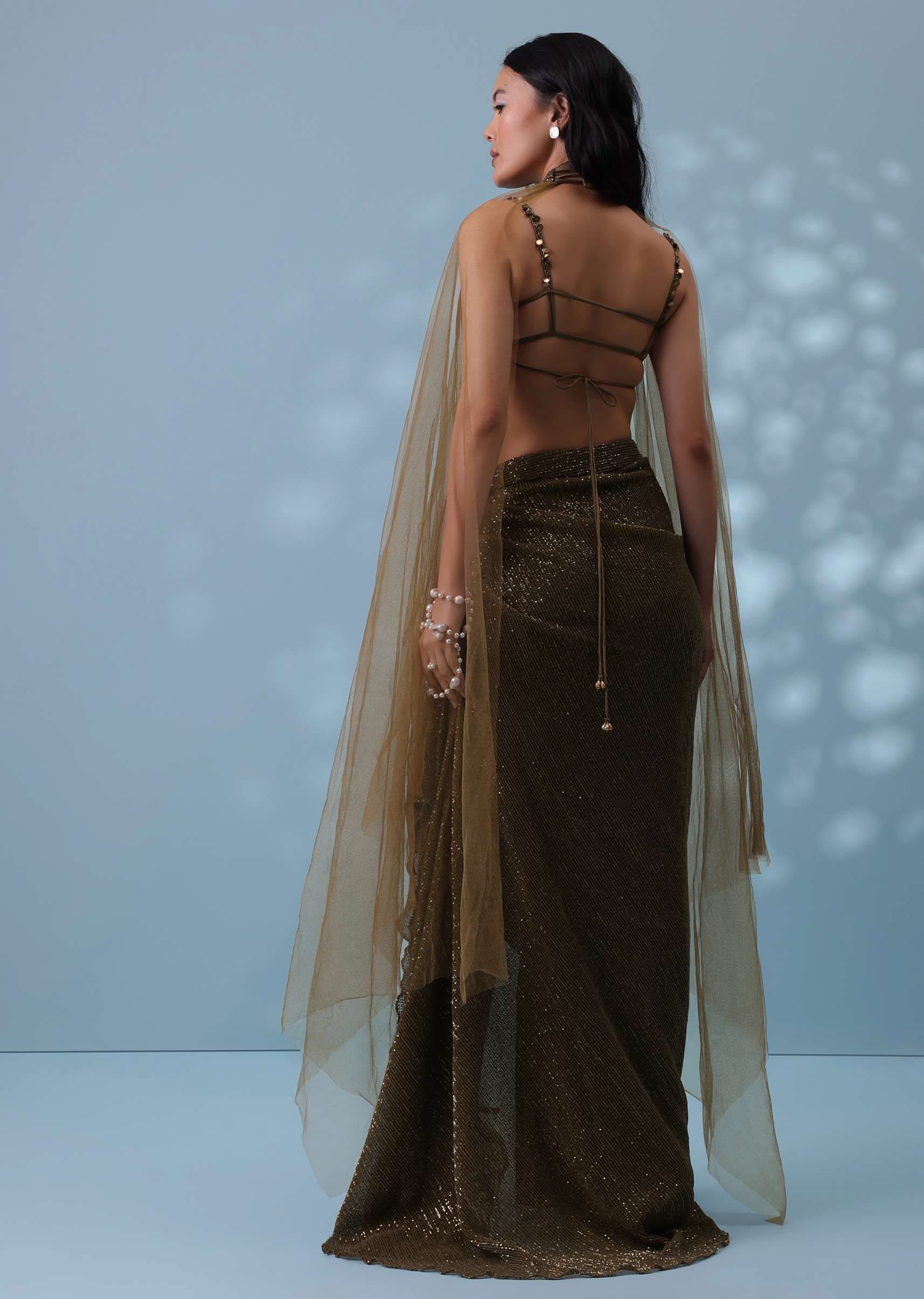 Dusty Brown Embroidered Indowestern Drape Skirt And Blouse In Lycra Sequins With Matching Choker - Image 5