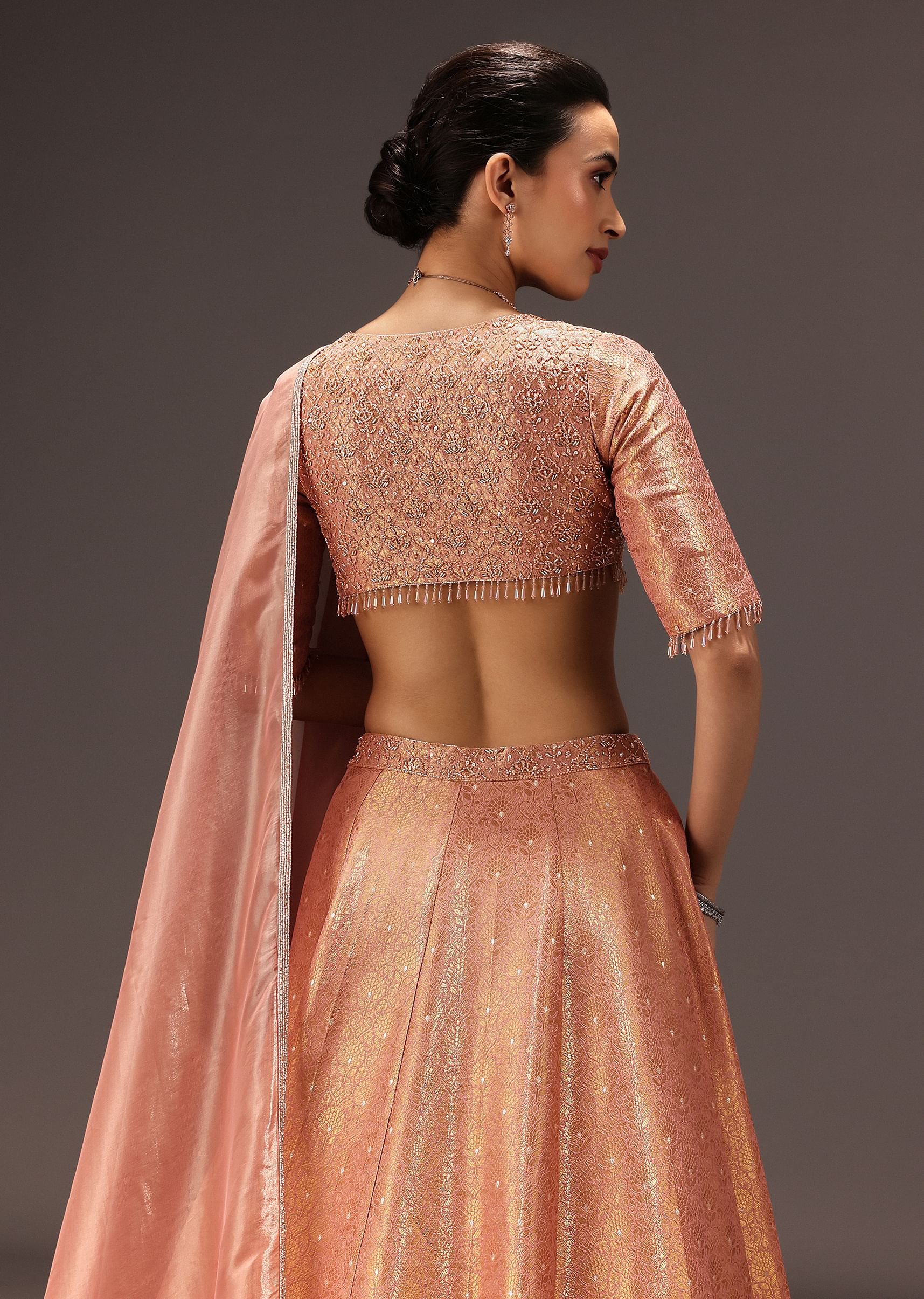 Dusty Peach Banarasi Silk Hand Work Lehenga Set - Image 3