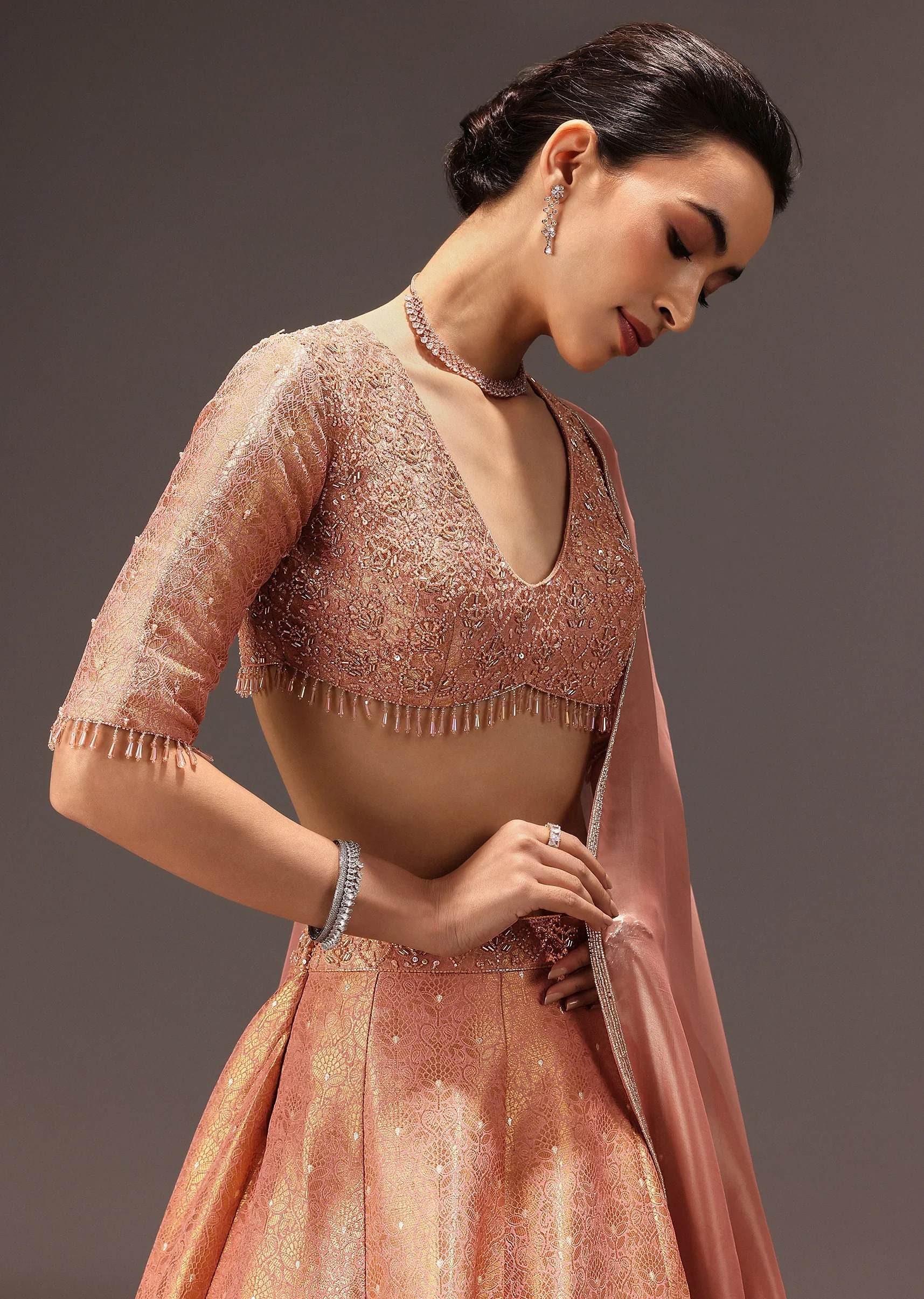 Dusty Peach Banarasi Silk Hand Work Lehenga Set - Image 5