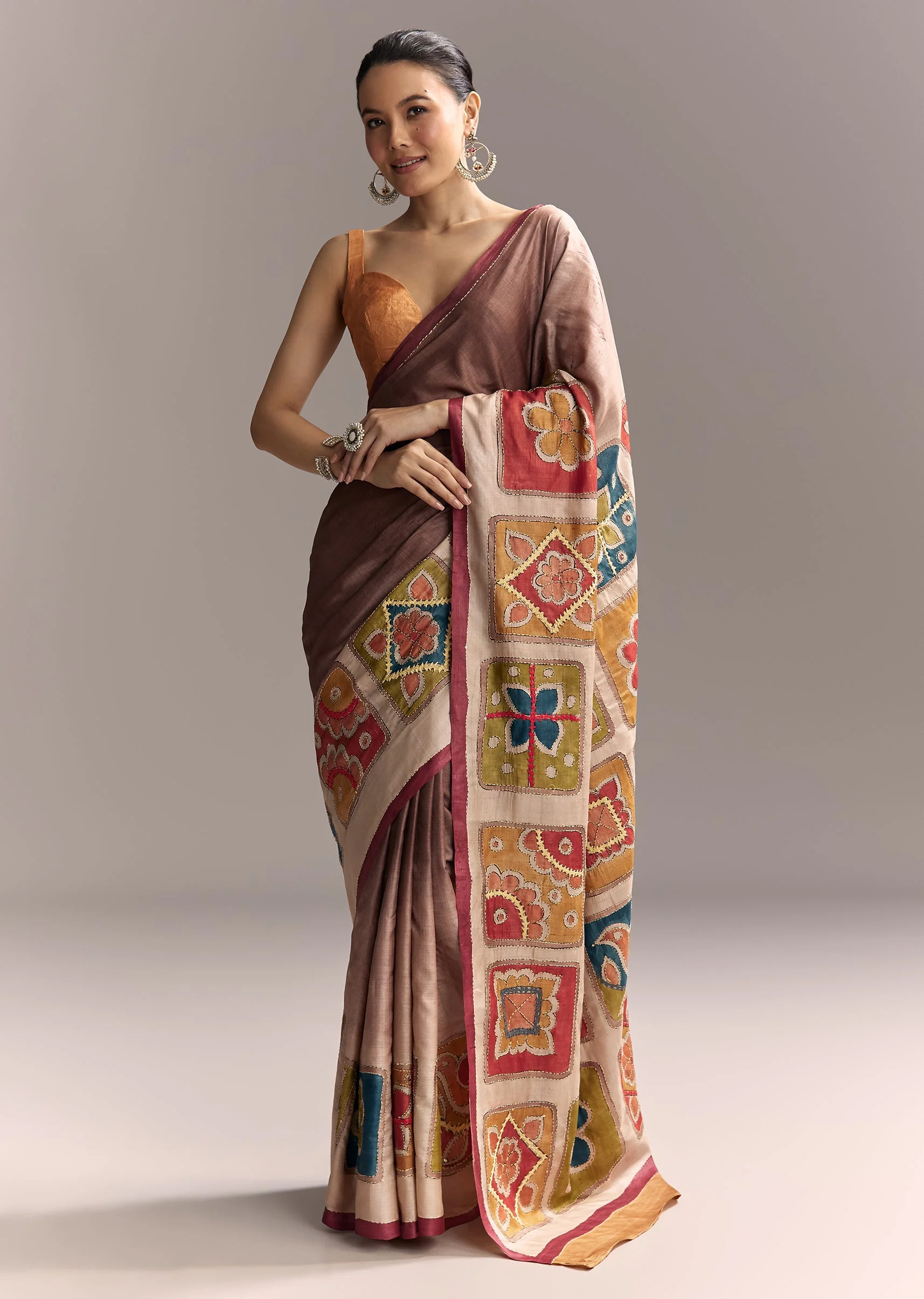 Earthy Artistic Couple Set – Brown Cotton Hand-Painted Saree With Contrast Border For Her And Brown Silk Kurta With Floral Print For Him - Image 4