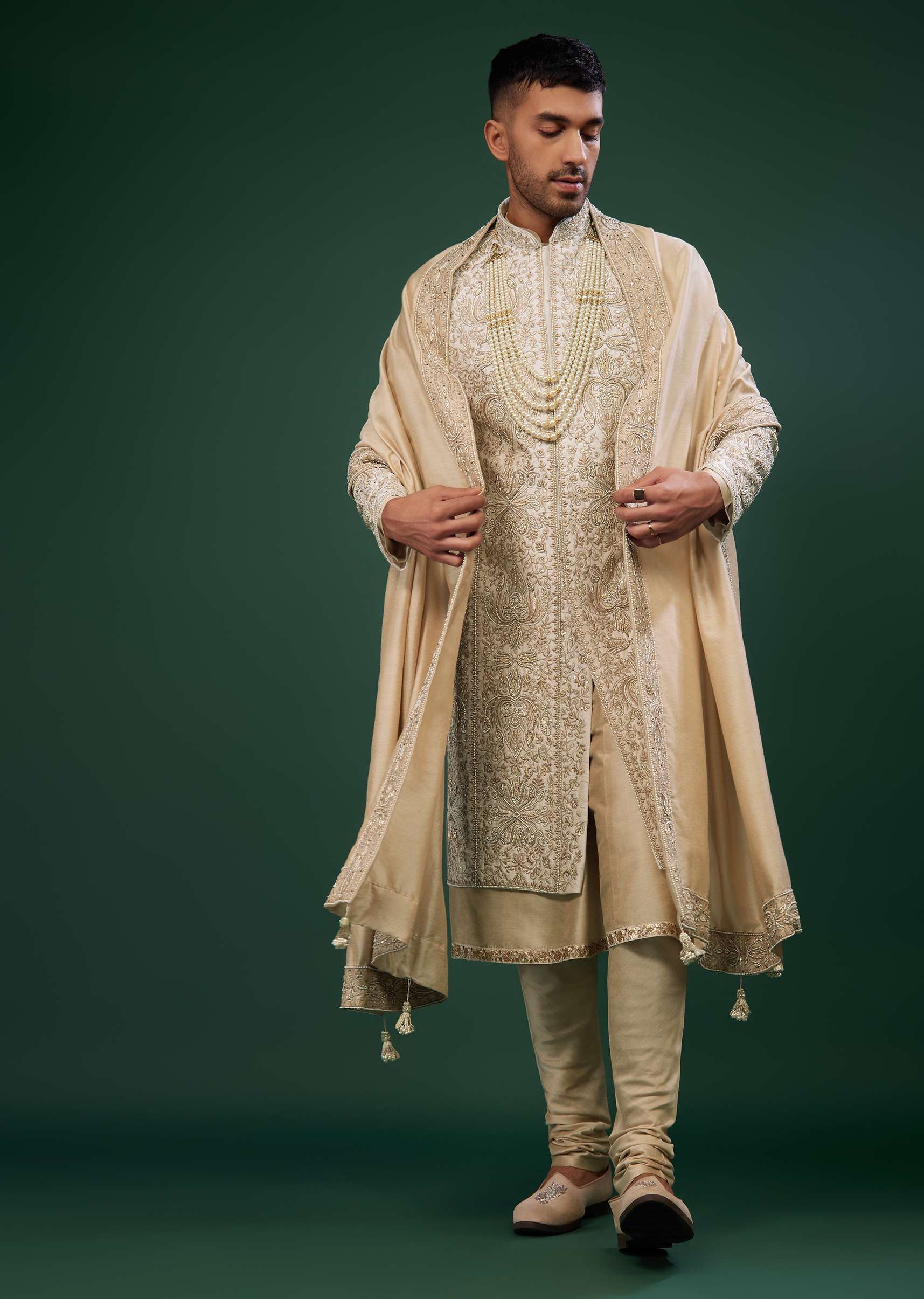 Beige White Embroidered Raw Silk Sherwani Set - Image 3