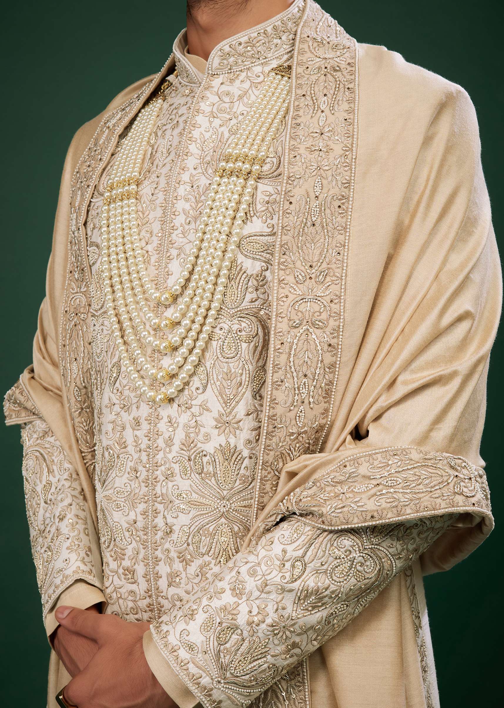 Beige White Embroidered Raw Silk Sherwani Set - Image 5