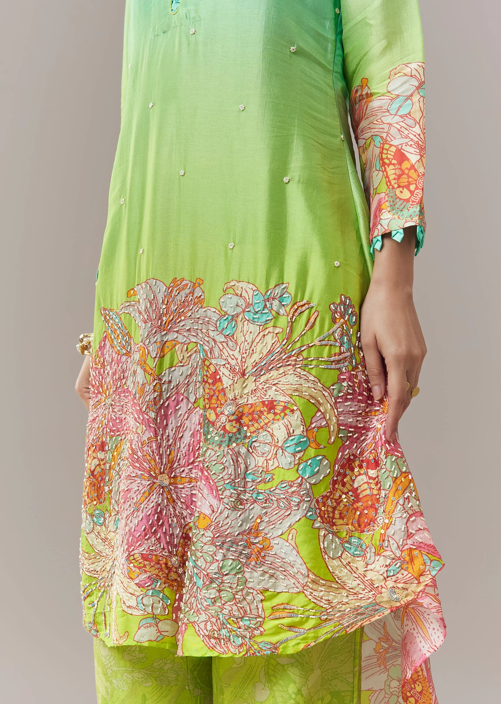 Elegant Green Silk Couple Set – Ombre Green Silk Coord Set For Her And Green Silk Printed Kurta Set For Him - Image 3