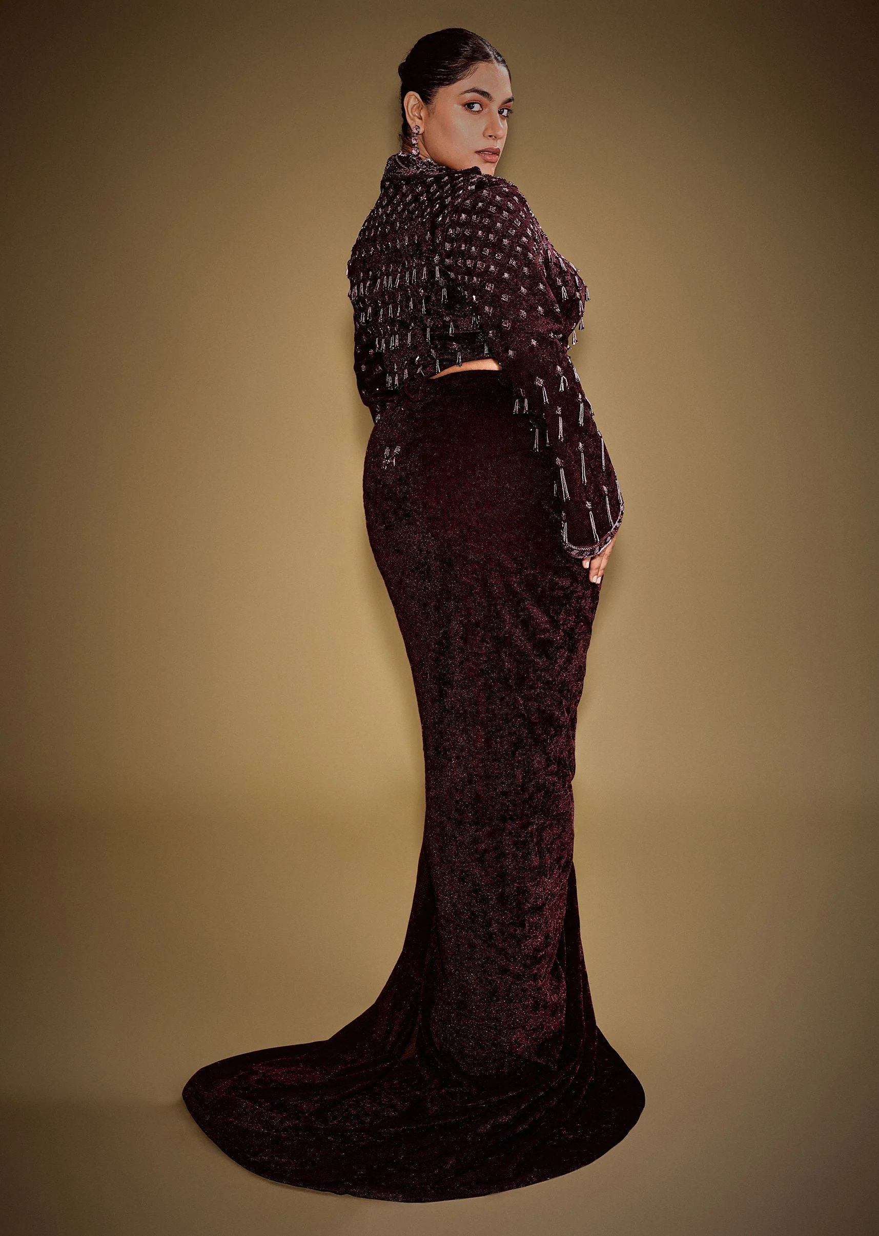 Embroidered Wine Velvet Blazer Blouse With Tassels And Draped Skirt - Image 5