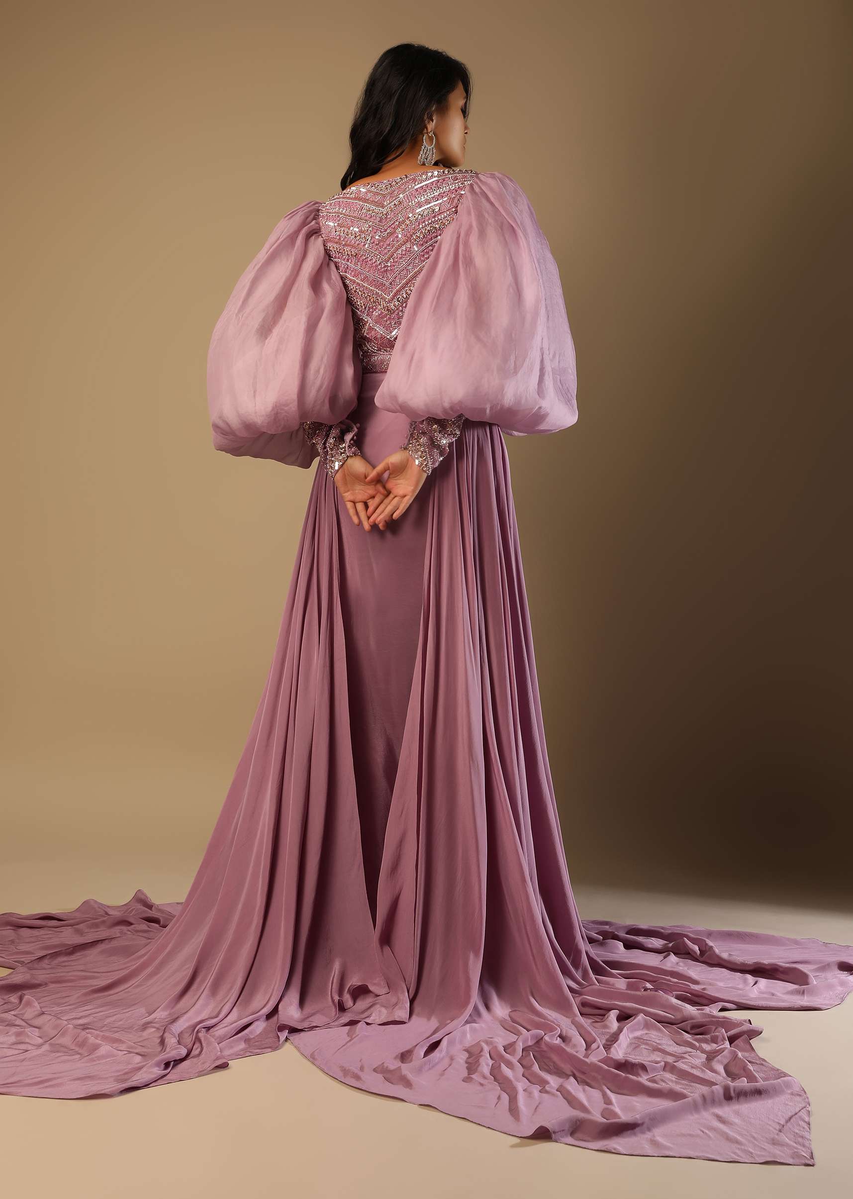 Frozen Mauve Gown With Hand Embroidered Bodice, Balloon Sleeves And A Long Trail - Image 6