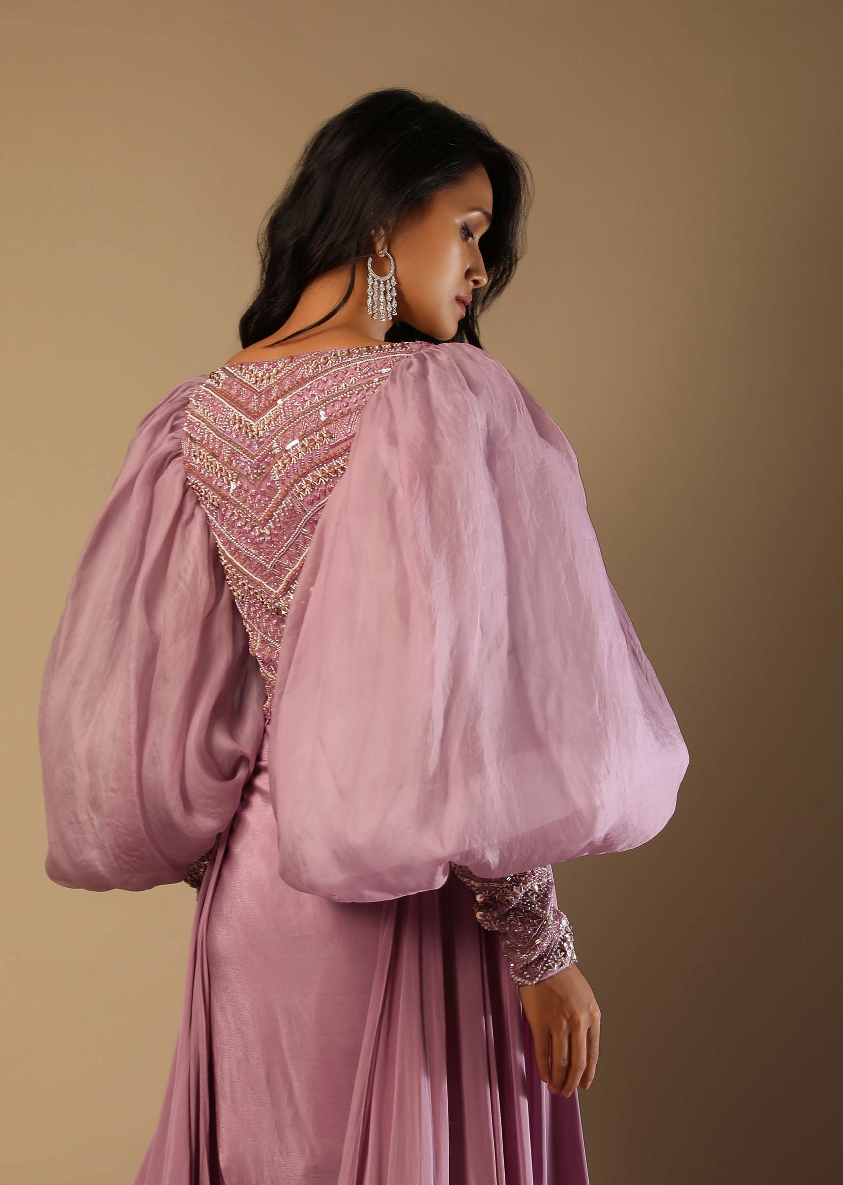 Frozen Mauve Gown With Hand Embroidered Bodice, Balloon Sleeves And A Long Trail - Image 7