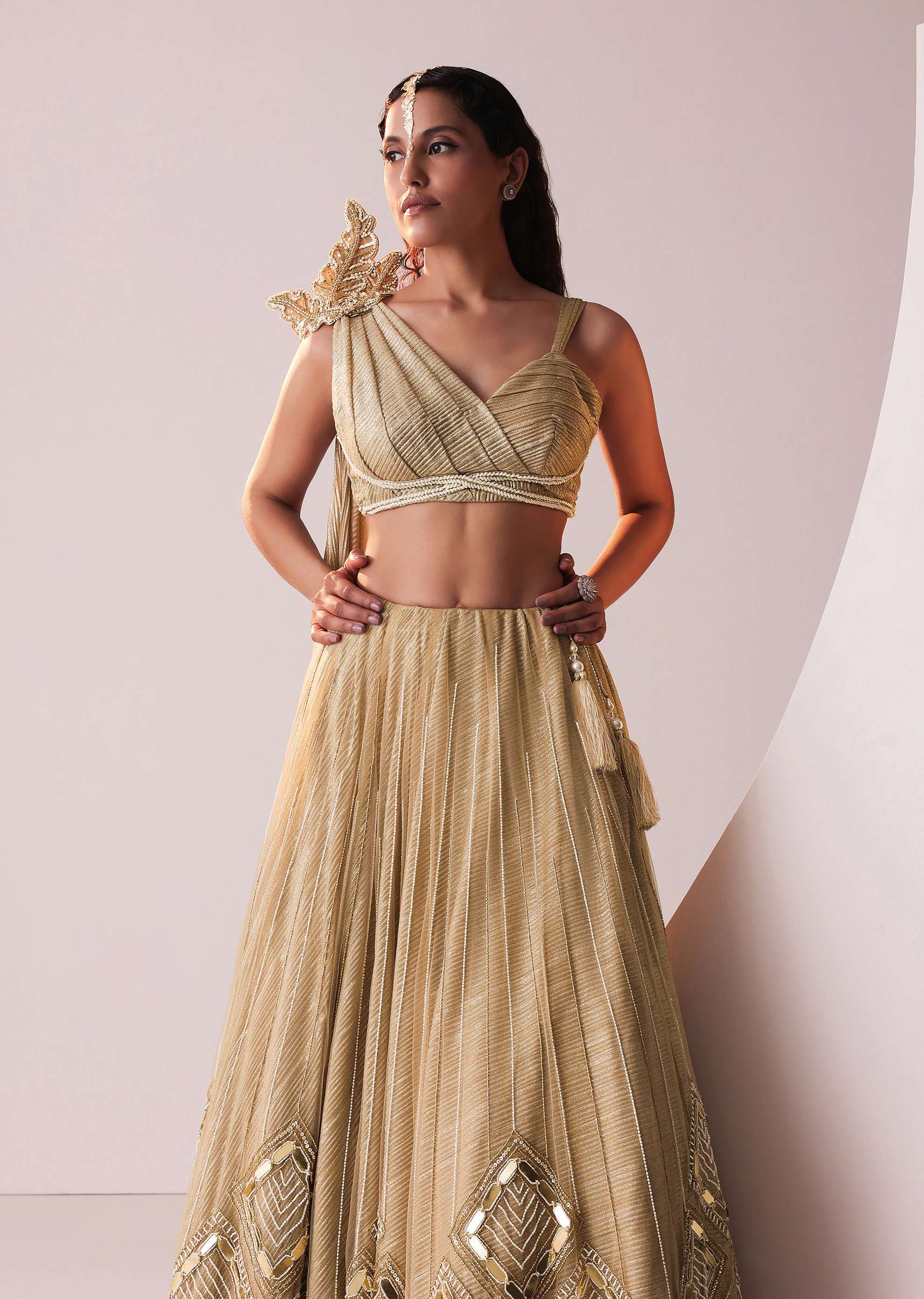 Glam Gold Embroidered Lehenga Set In Knit Stretchable Fabric - Image 4