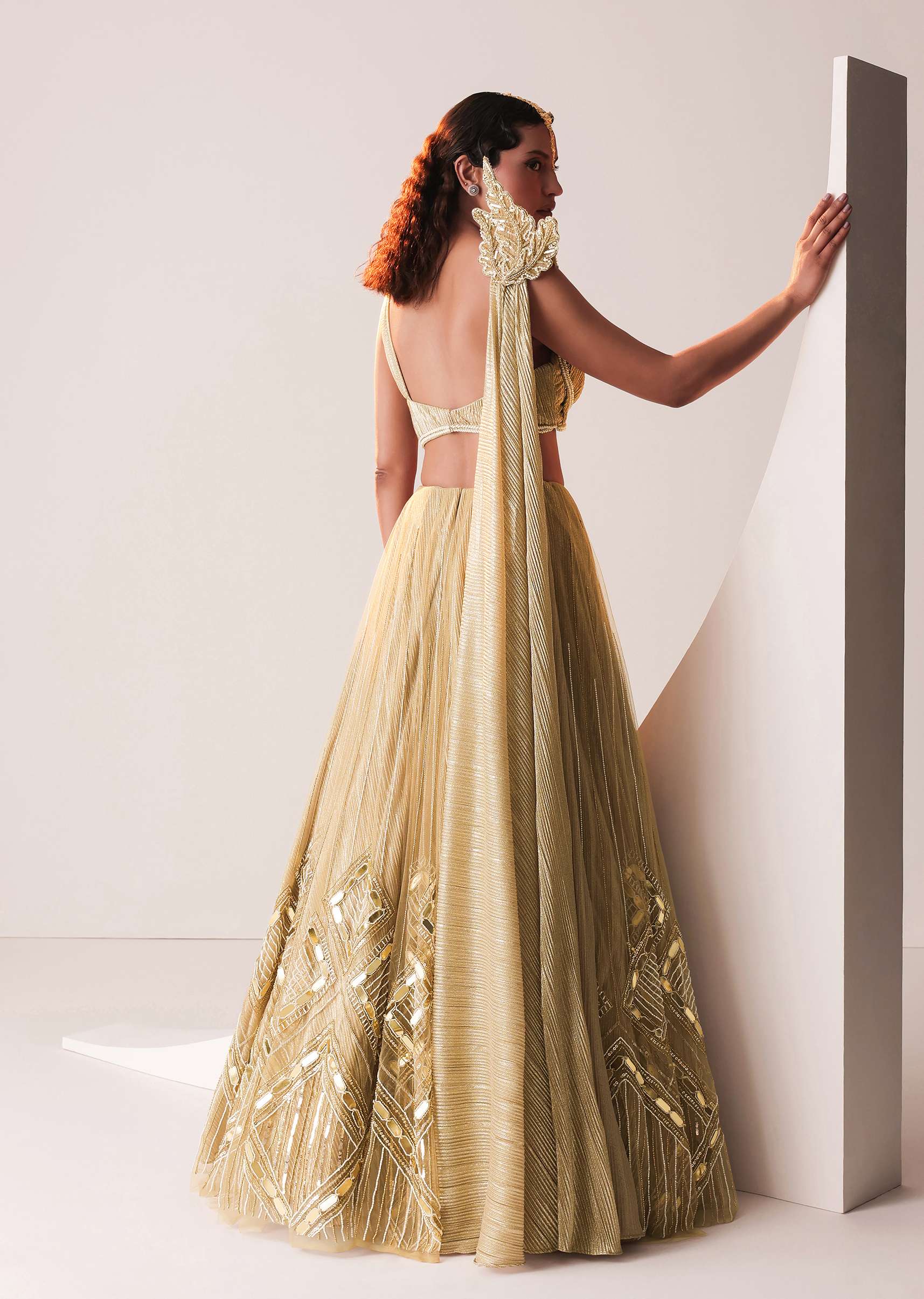 Glam Gold Embroidered Lehenga Set In Knit Stretchable Fabric - Image 6