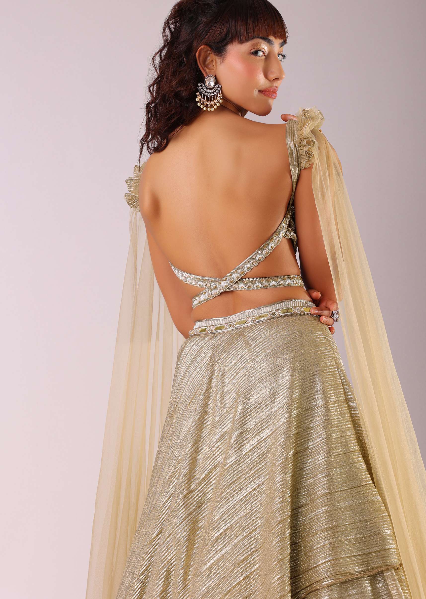 Glam Gold Lehenga Set In Foil Knit Fabric With Embroidered Blouse - Image 4