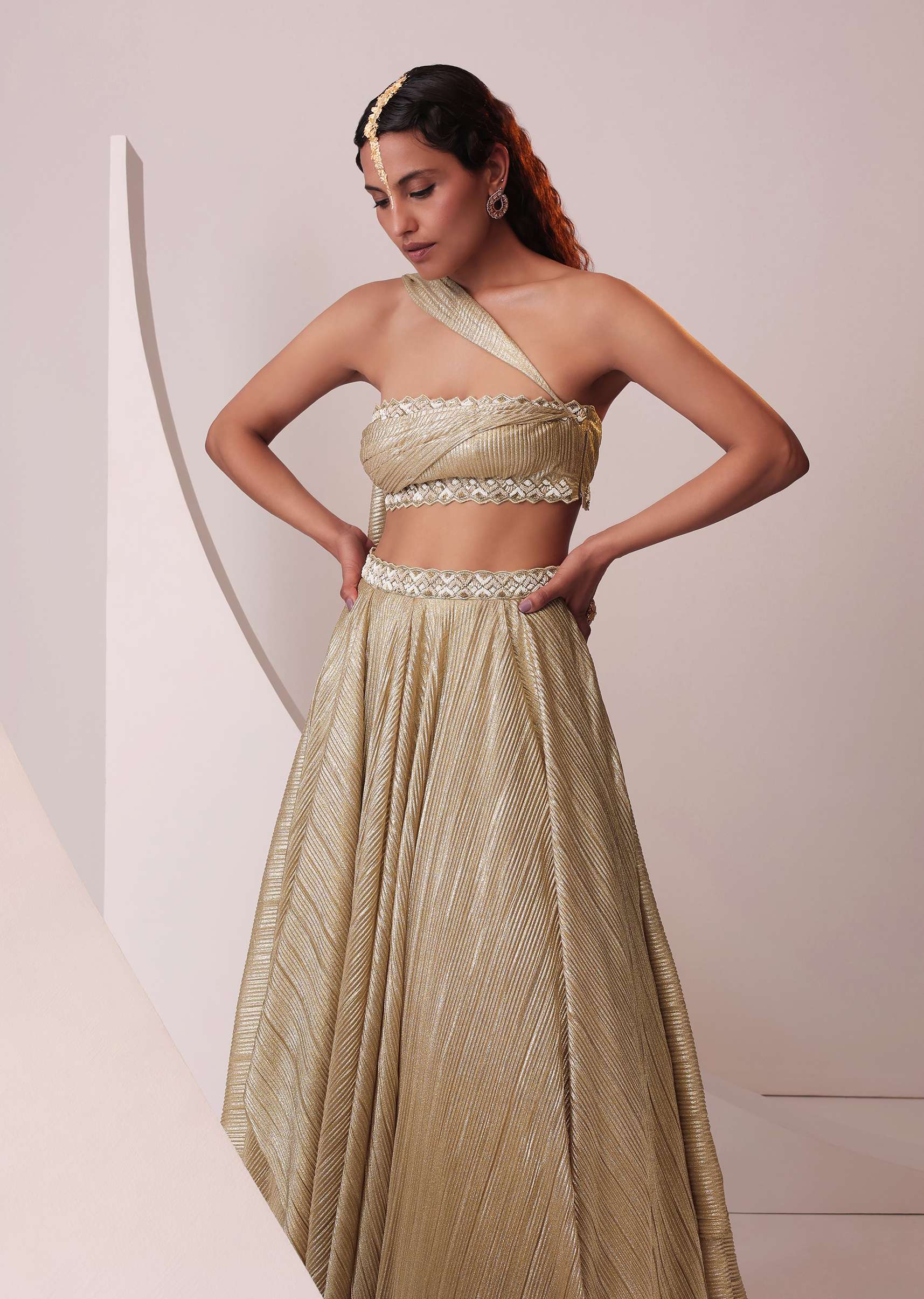 Glam Gold Lehenga Set In In Knit Strechable Fabric - Image 2