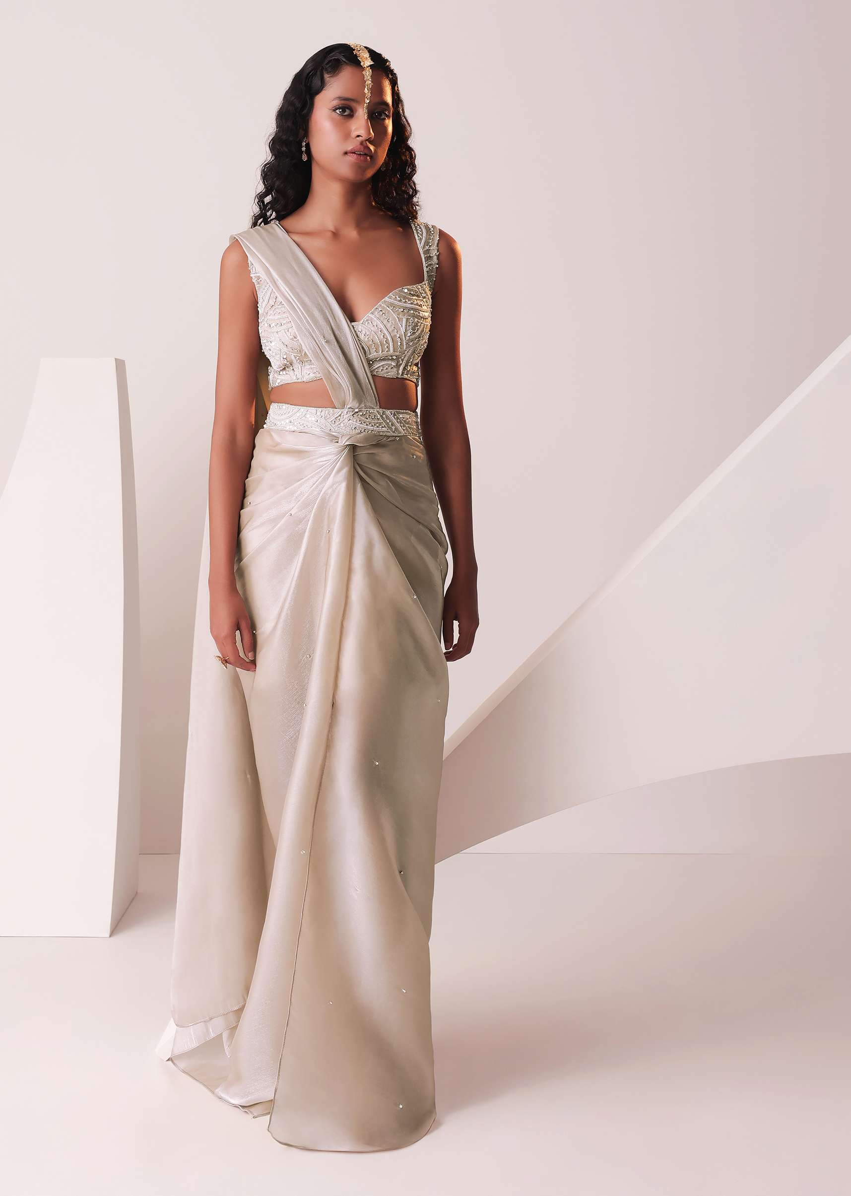 Glam Silver Embroidered Ready-To-Wear Saree In Organza - Image 3