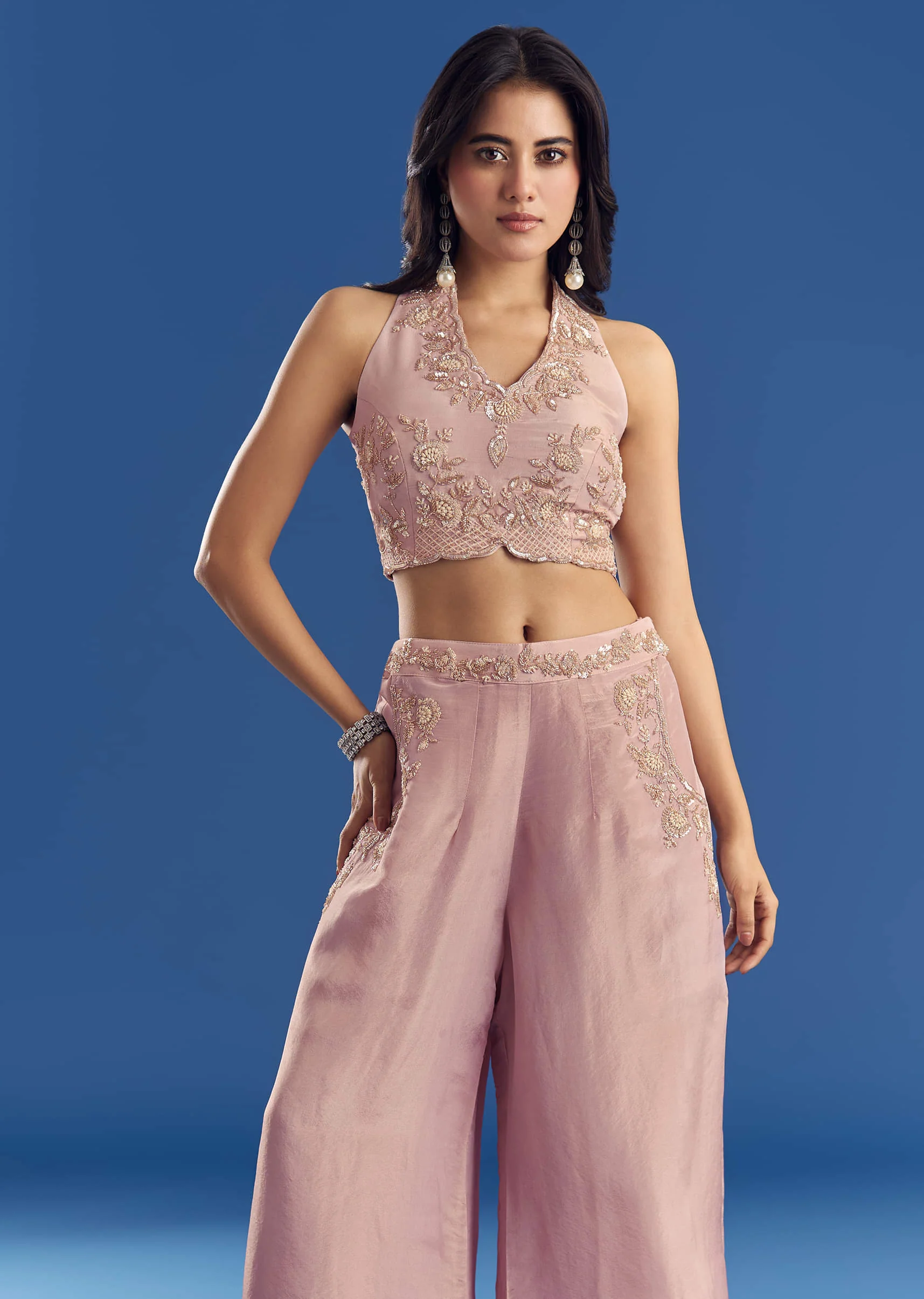 Gleaming Tissue Croptop And Palazzo Set With Beadwork - Image 2