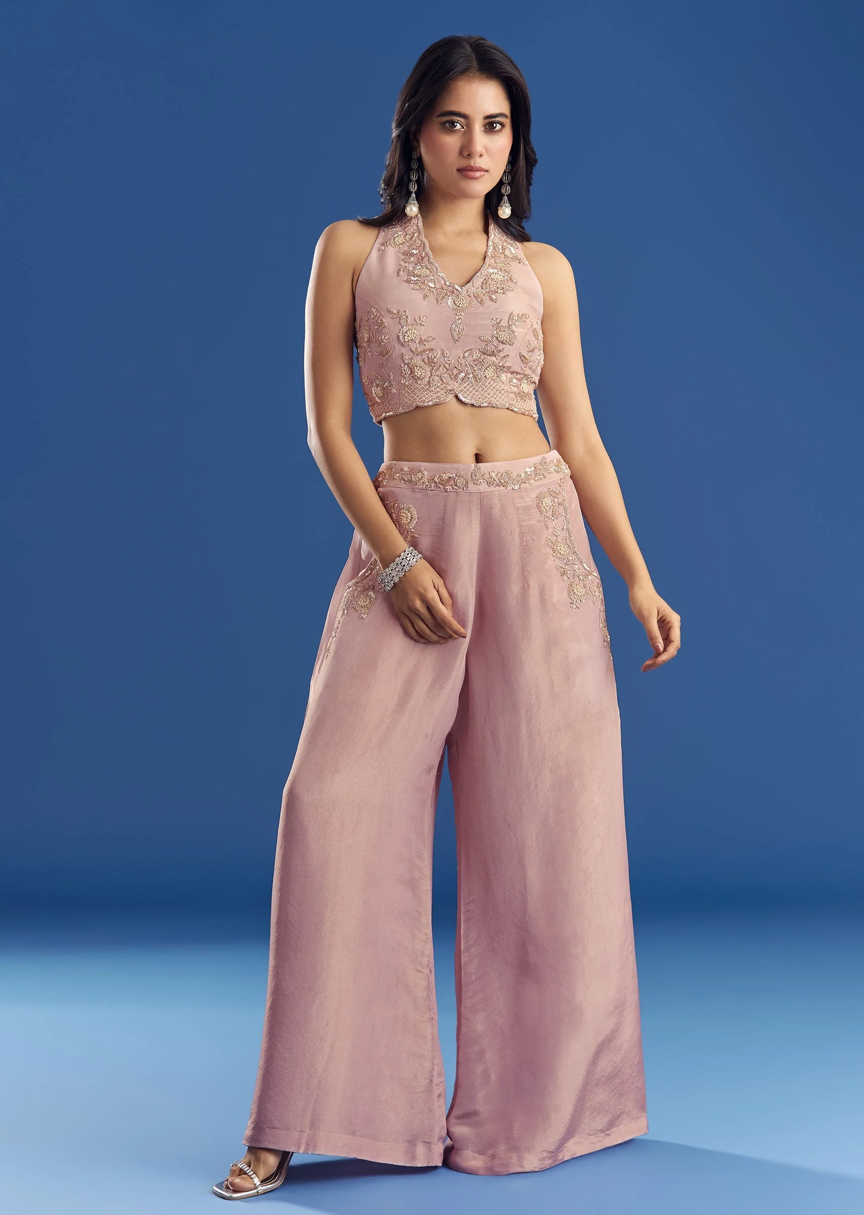 Gleaming Tissue Croptop And Palazzo Set With Beadwork - Image 3
