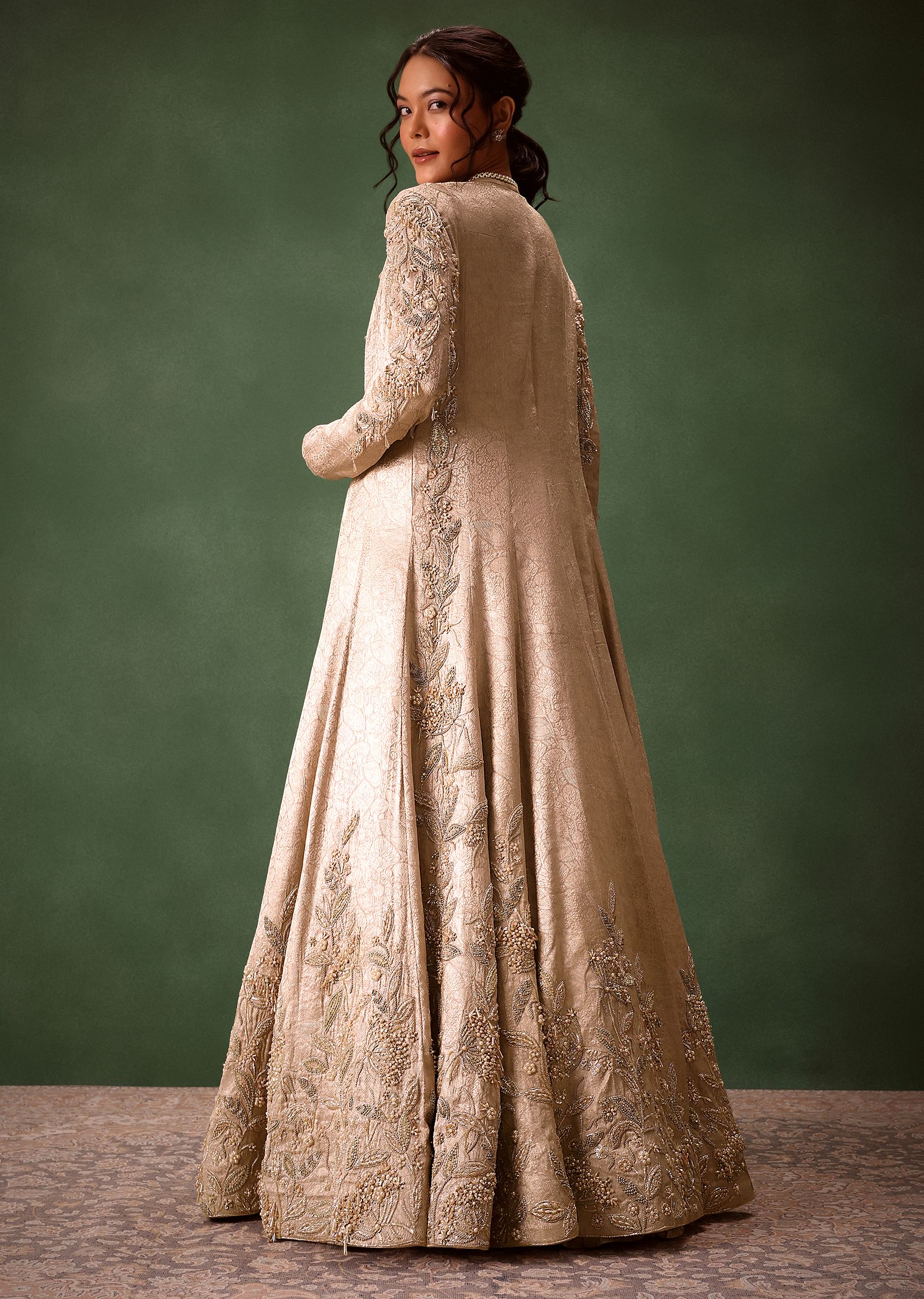 Gold Brocade Jacket And Rushing Skirt Suit - Image 6