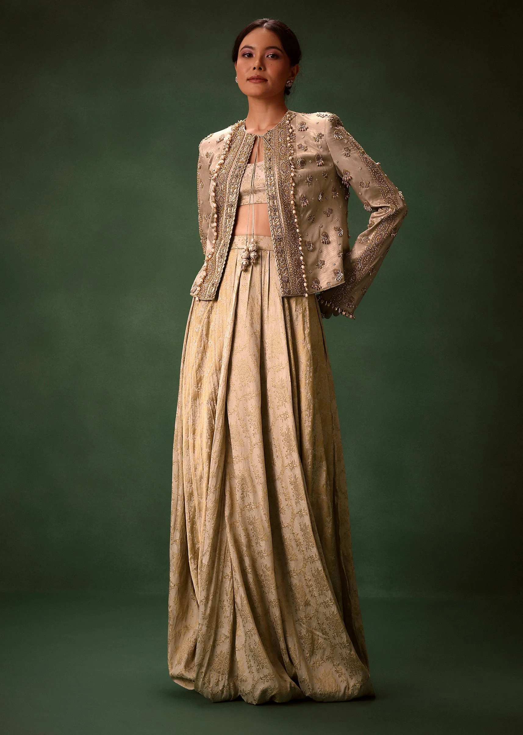 Gold Cowl Dhoti Drape Skirt With Heavy Embroidered Jacket - Image 3