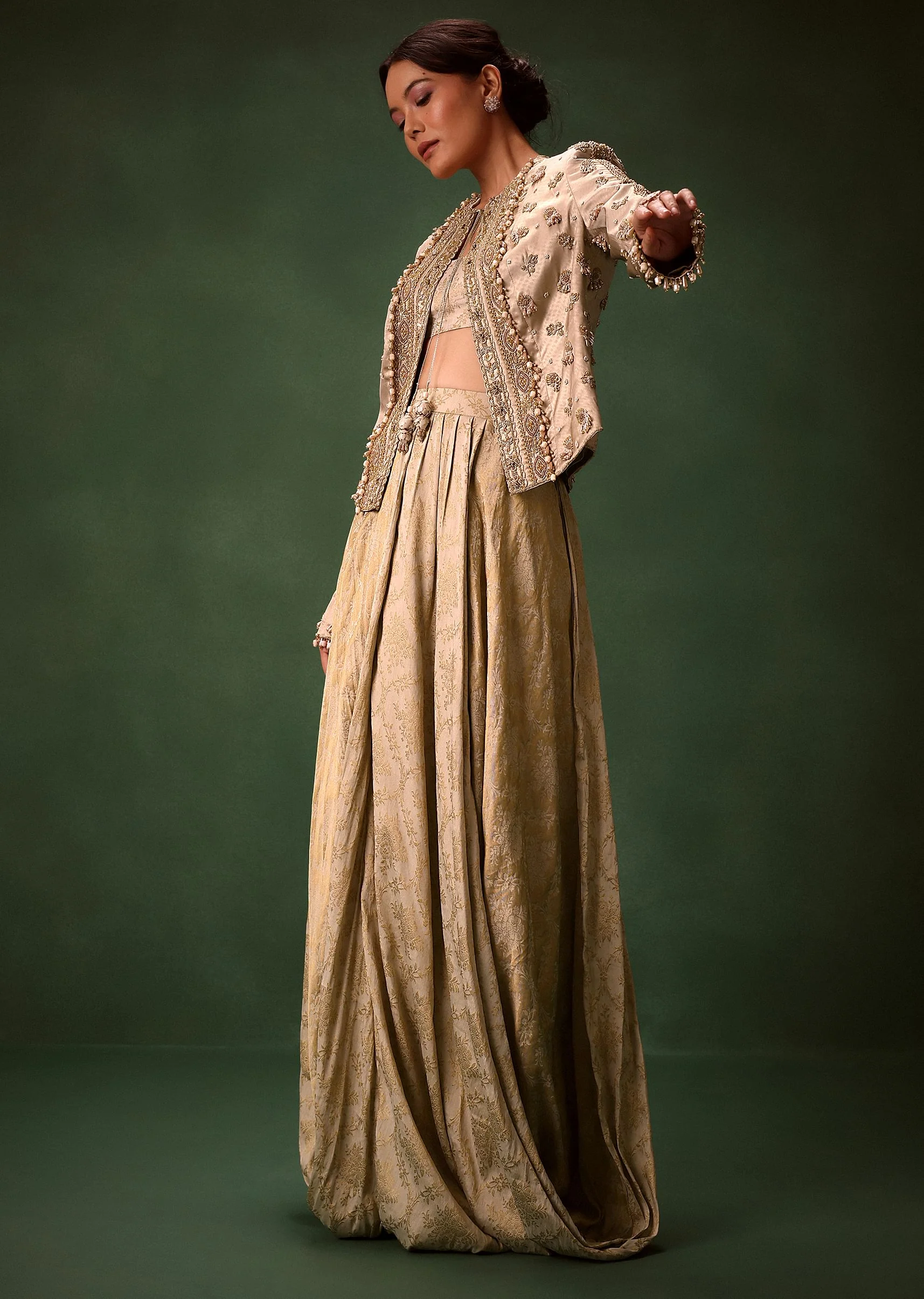 Gold Cowl Dhoti Drape Skirt With Heavy Embroidered Jacket - Image 5